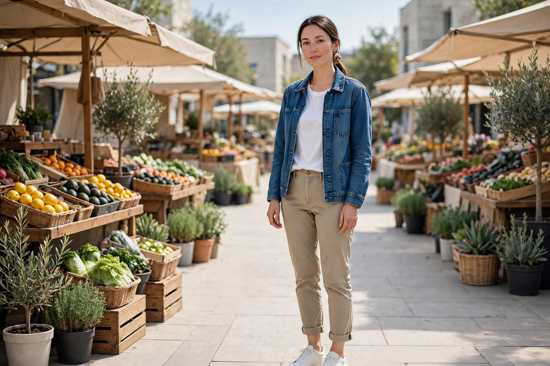 Woman with narrow shoulders in a denim jacket over a tee with khaki chinos