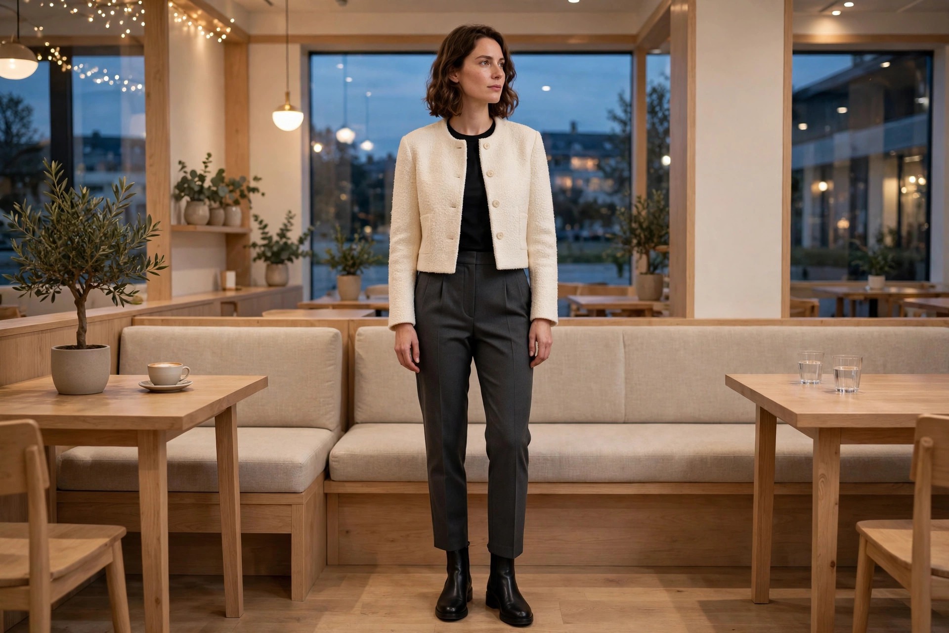 Woman with narrow shoulders in a cropped cream jacket over a black tee with charcoal trousers