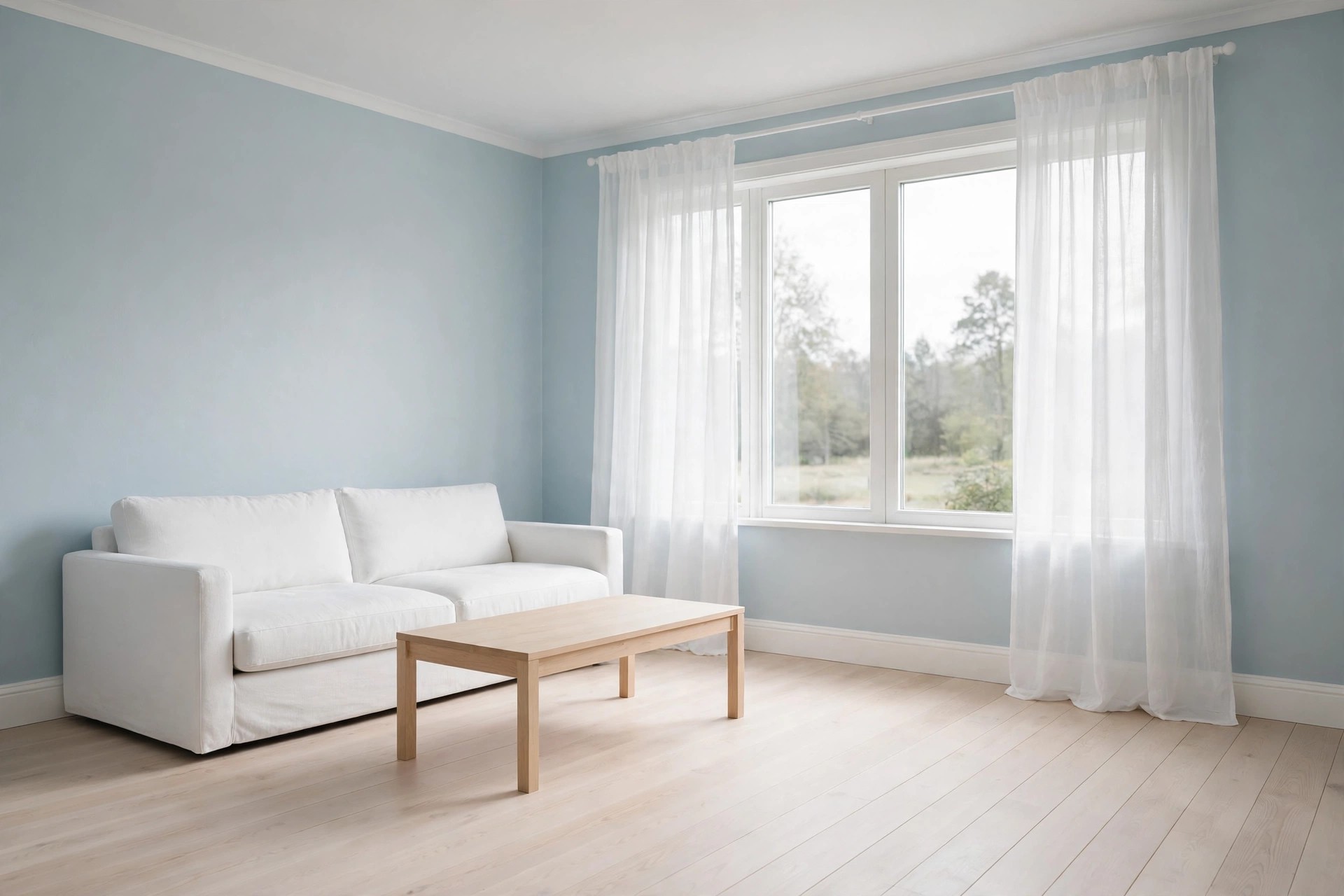 White sofa and light wood coffee table in a room with pale blue walls, white sheer curtains, and a pale wood plank floor