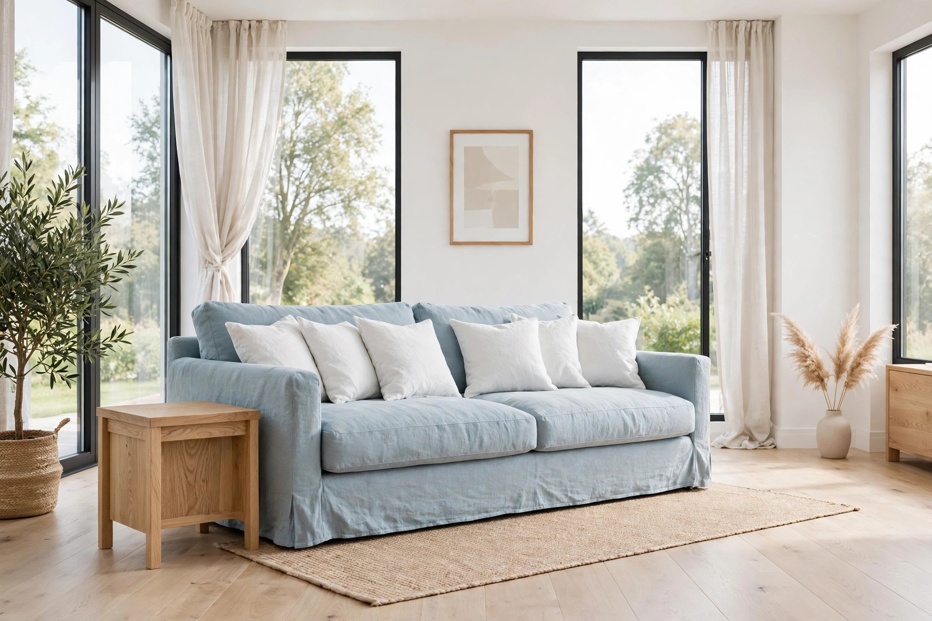 Pale blue sofa with white cushions against white walls, with a light oak side table and pale wood floor