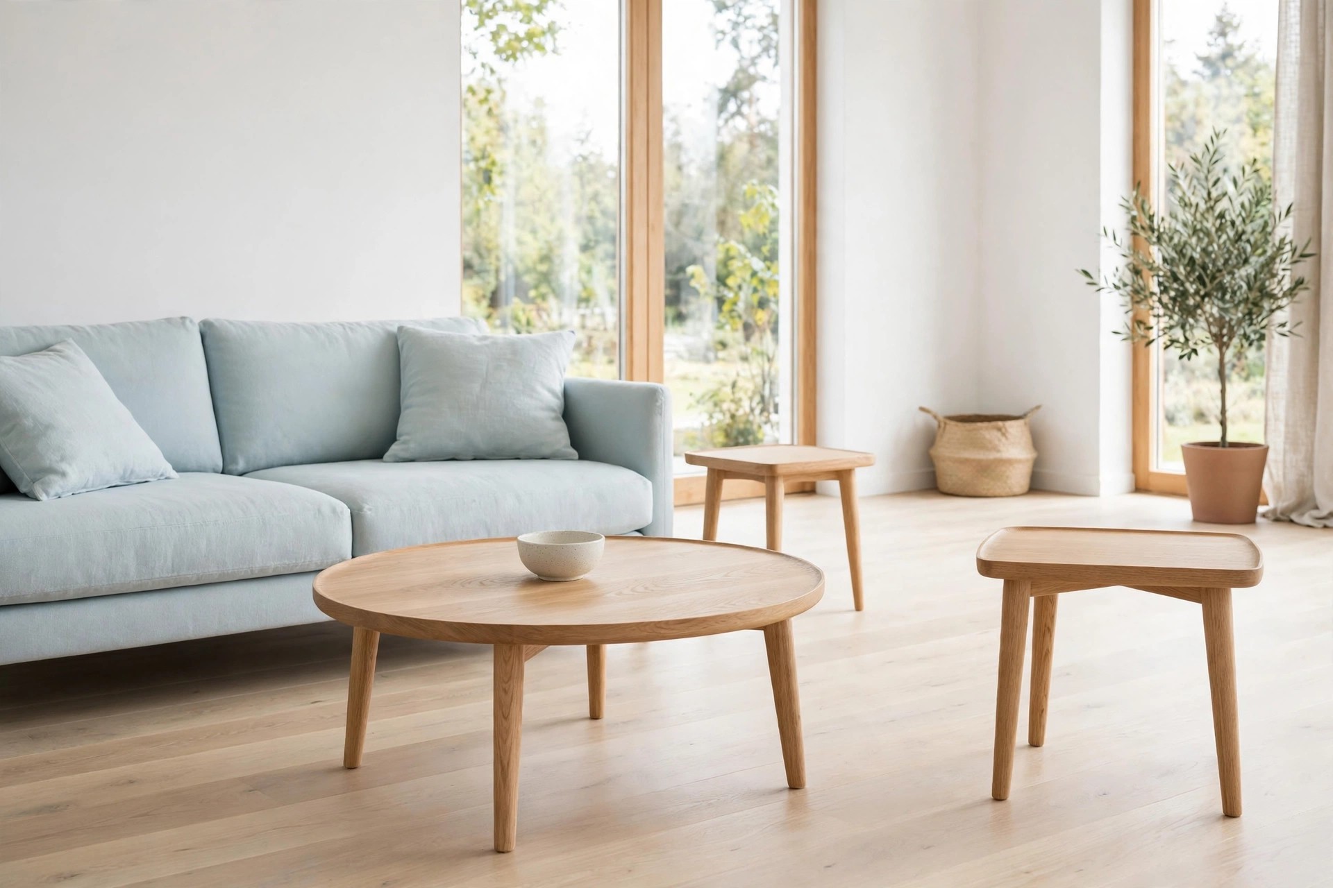 Round light oak coffee table with a ceramic bowl and two light oak side tables beside a pale blue sofa on a pale wood floor