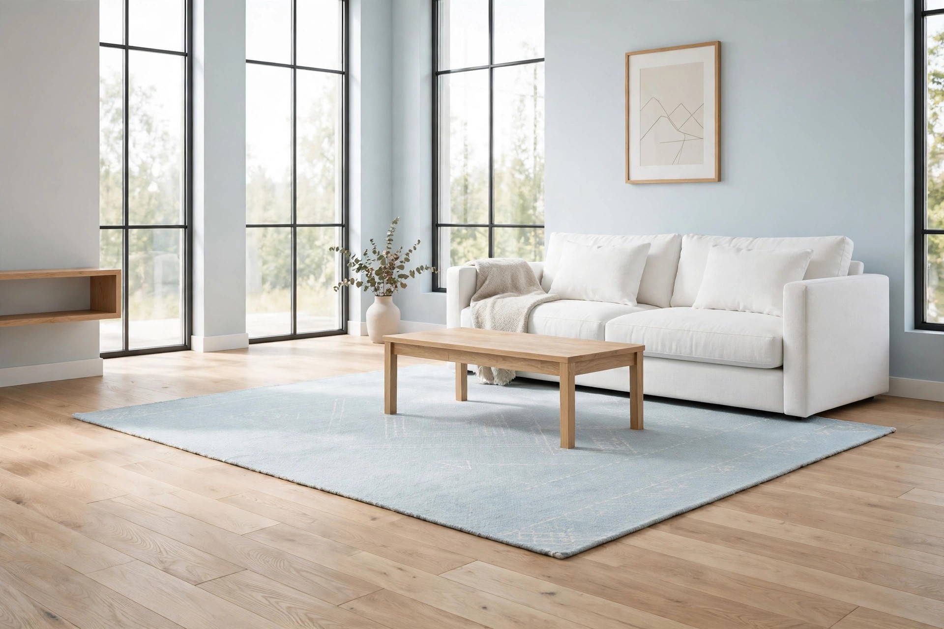 Large pale blue rug with a faint white pattern under a light wood coffee table and white sofa, with a wide wood floor border showing