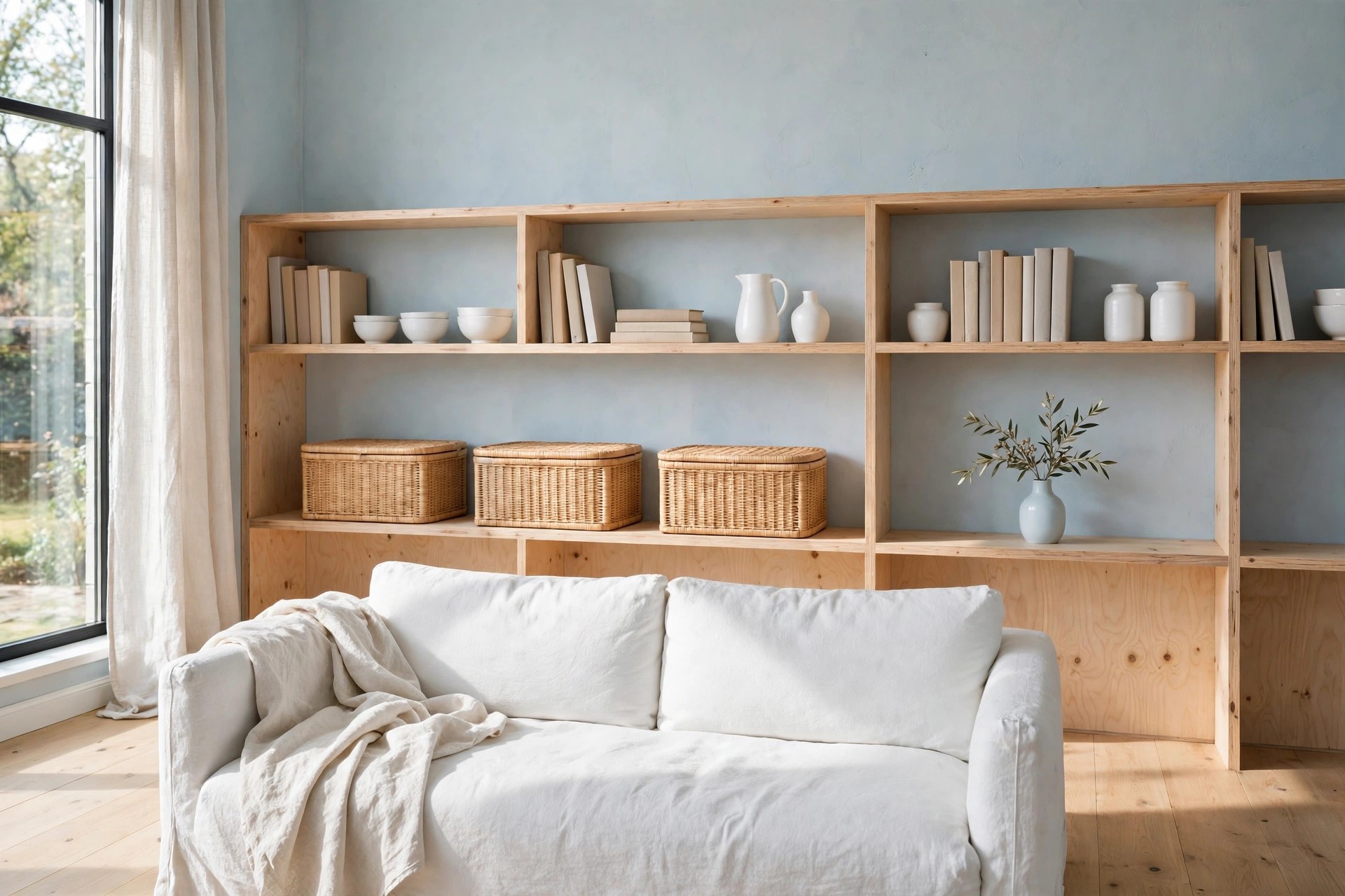 Light birch open shelves with books and white ceramics above woven lidded boxes, against a pale blue wall behind a white sofa