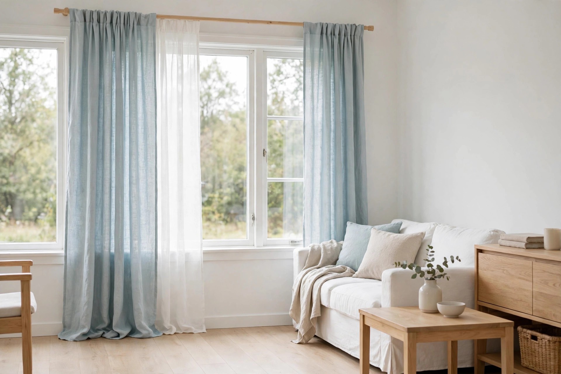 Pale blue linen curtains with a white sheer layer on a light wood pole beside a white sofa and light oak furniture