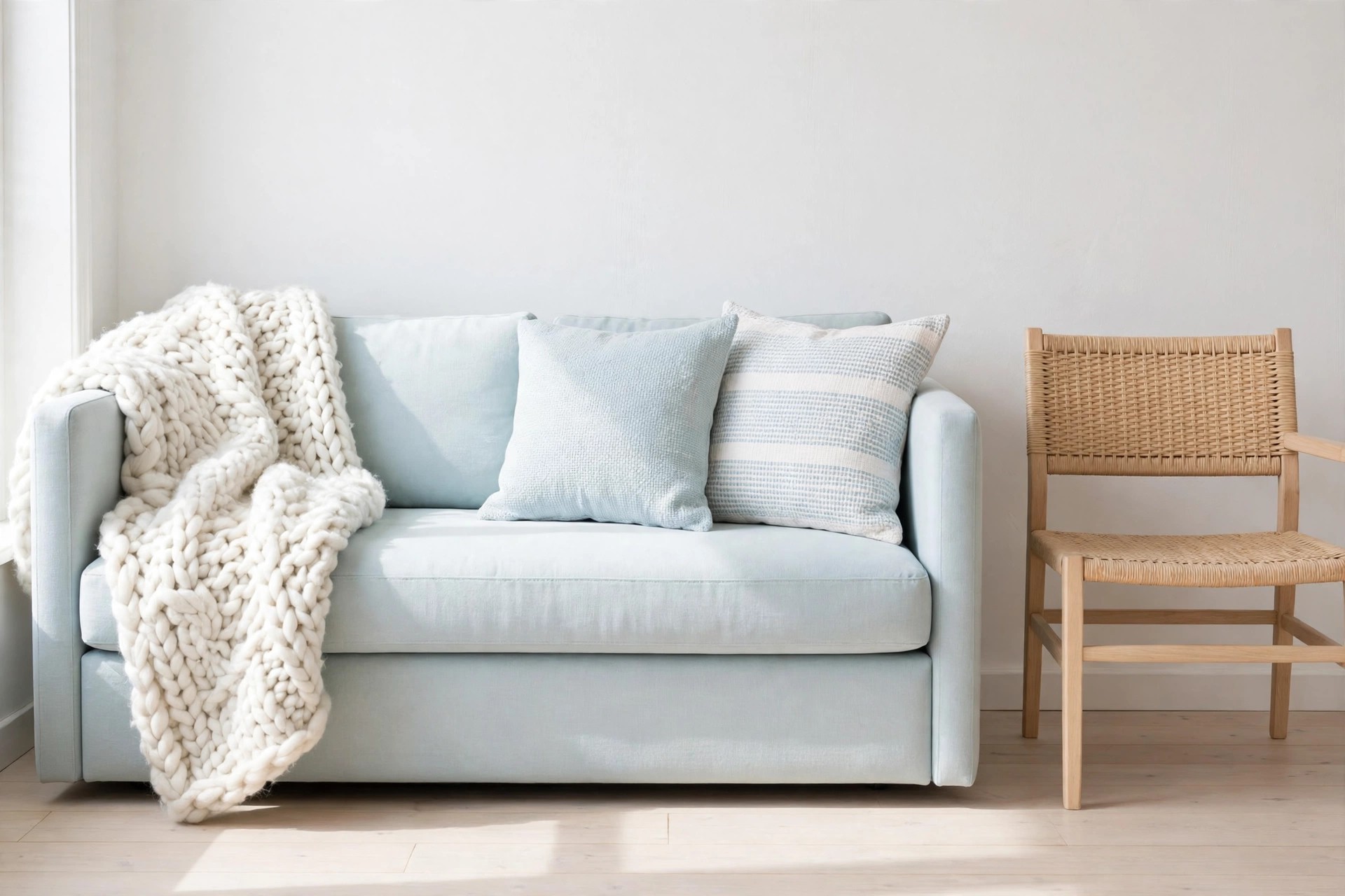 Pale blue sofa with a chunky white wool knit throw and pale blue and white woven cushions, beside a light wood woven chair