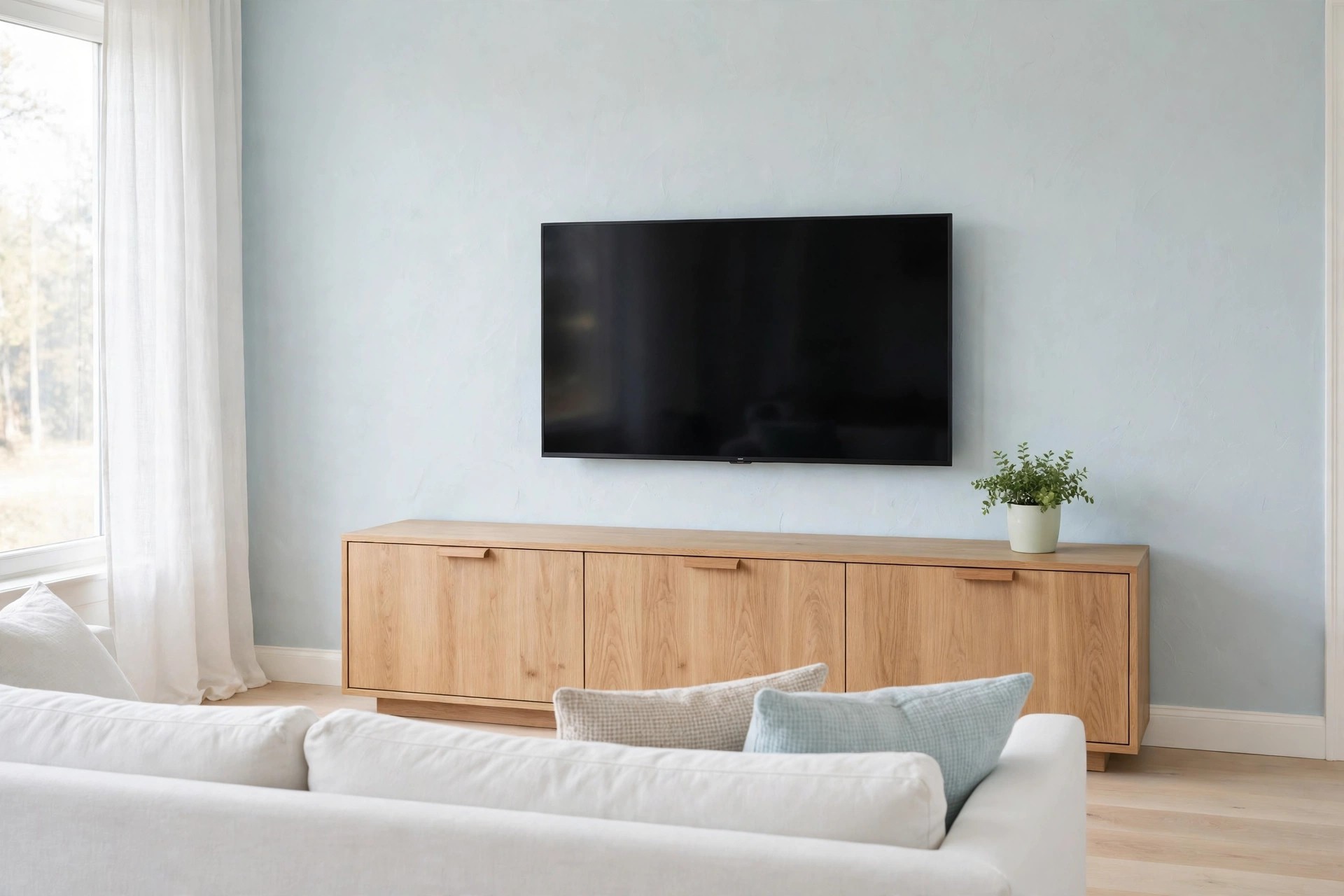 Wall mounted TV above a low light oak console with closed doors and a small potted plant, against a pale blue wall