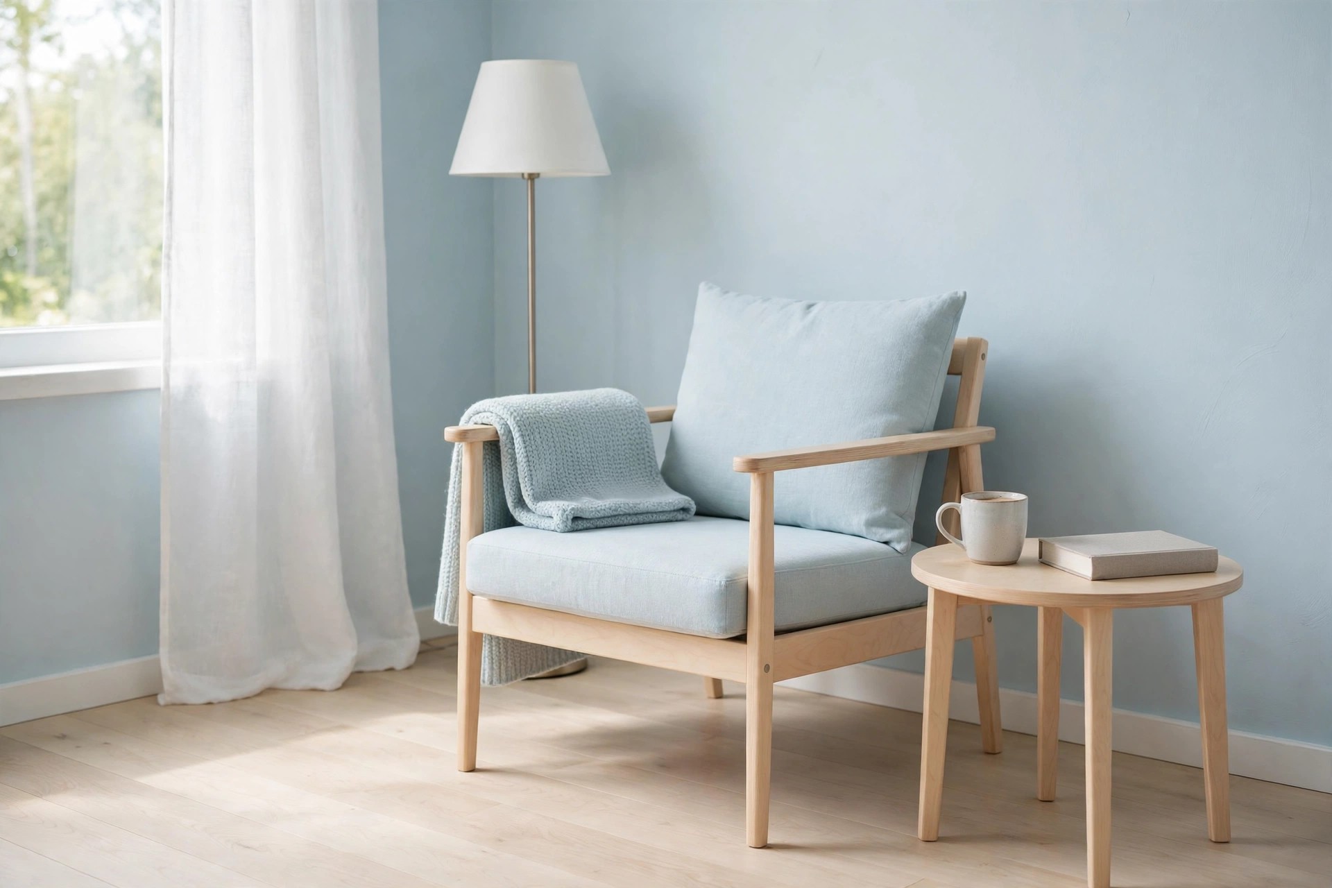Light birch framed chair with pale blue cushions and a folded throw, a round wood side table with a mug and book, and a white shaded floor lamp