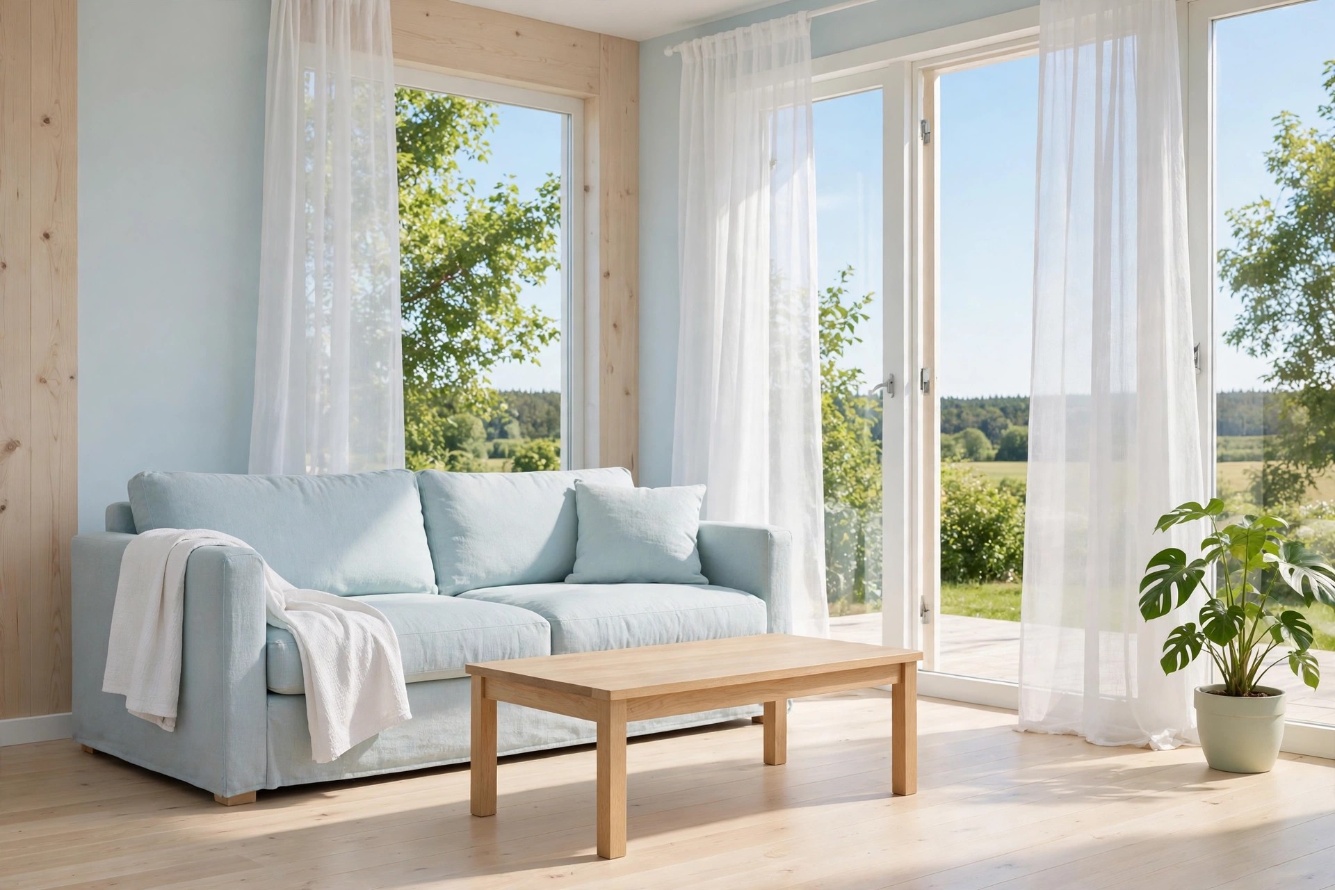 Pale blue sofa with a thin white throw in bright summer sunlight, sheer curtains open at glass doors, a green plant, and a light wood coffee table