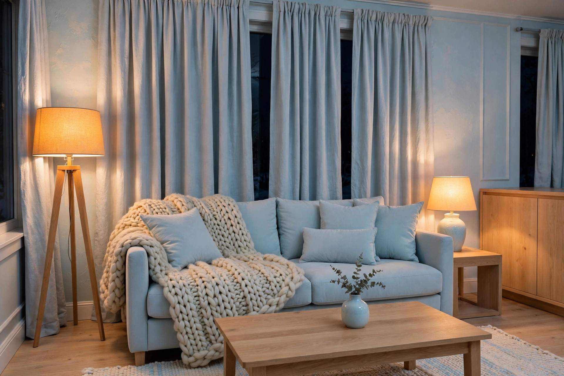 Pale blue sofa with a chunky cream wool throw and extra cushions on a winter evening, lit by a wood tripod floor lamp and a table lamp, with closed pale blue curtains