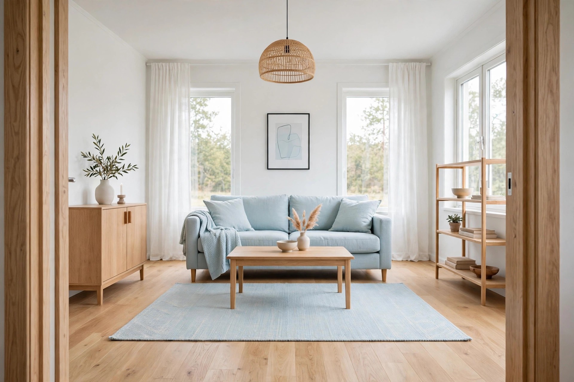 Living room seen through a wood door frame with white walls, a pale blue sofa and pale blue rug, and light wood cabinets, table and shelving