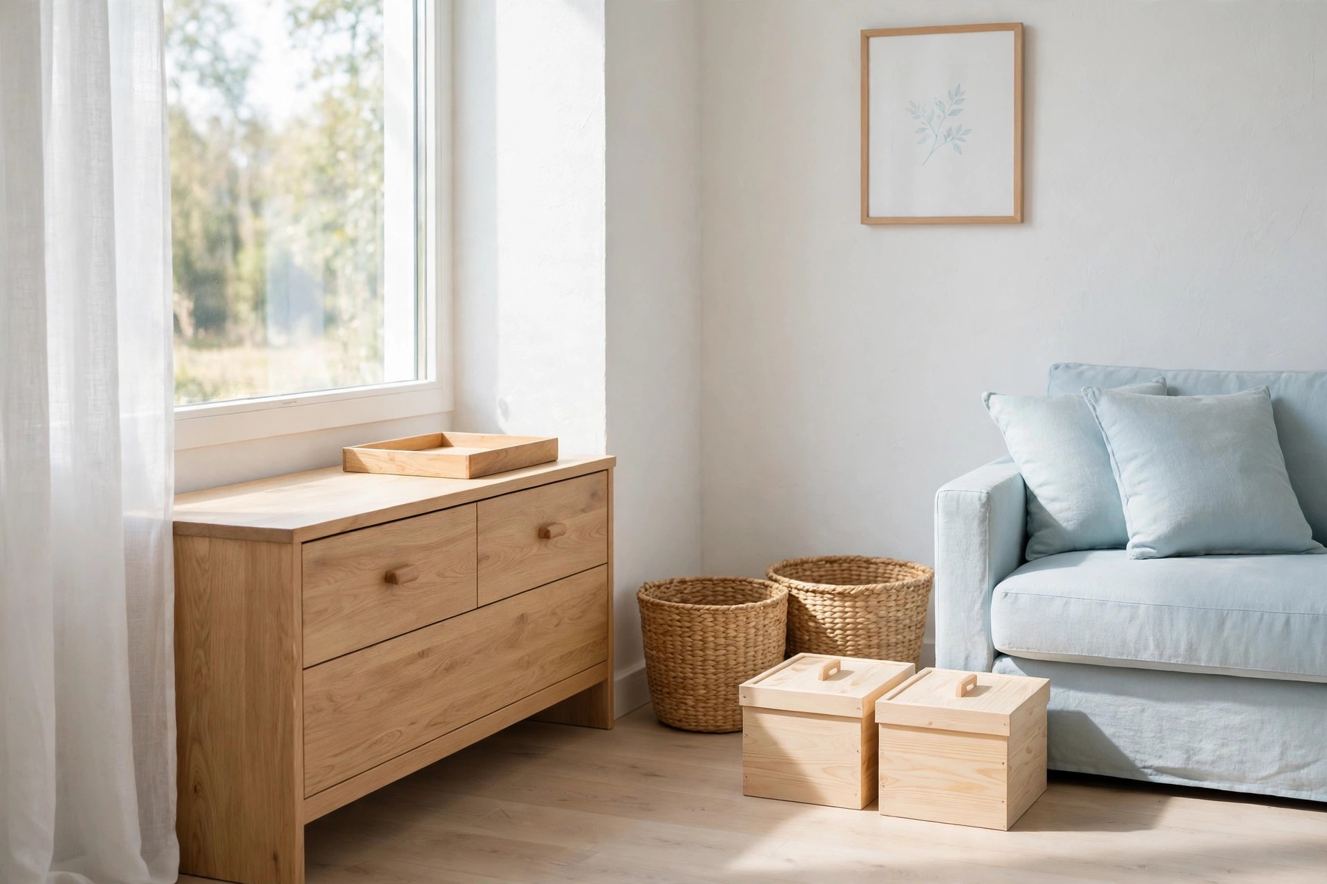 Woven baskets and two lidded light pine boxes beside a pale blue sofa, with a wood tray on a light oak dresser