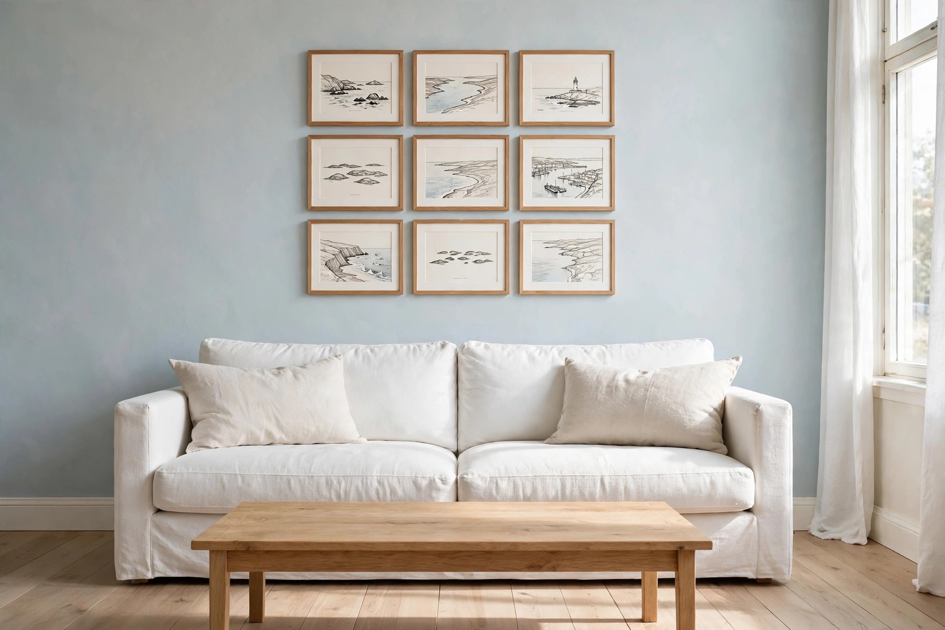 Nine small coastal line prints in light wood frames with white mounts in a grid above a white sofa, against a pale blue wall