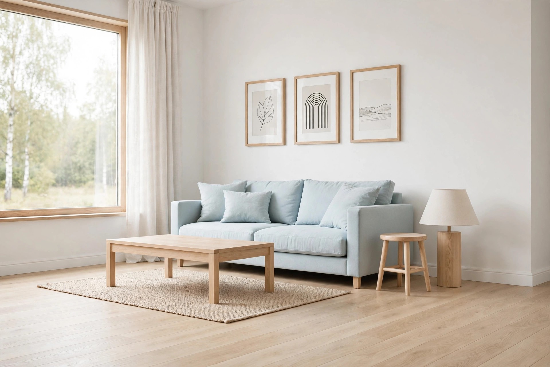 Pale blue sofa with a light wood coffee table, stool, lamp base and picture frames all in the same pale tone, on a pale wood floor