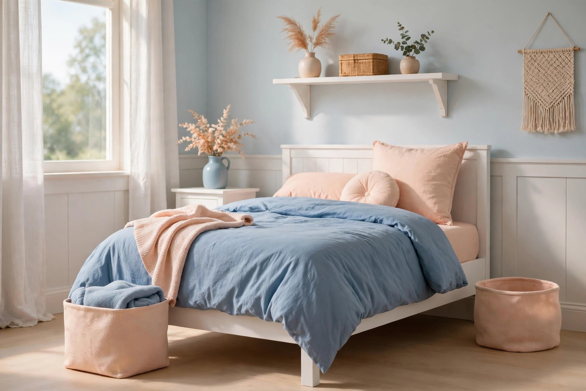 Kids bedroom with a soft blue duvet as the lead color and pale peach pillows, throw and fabric bins on a white bed frame