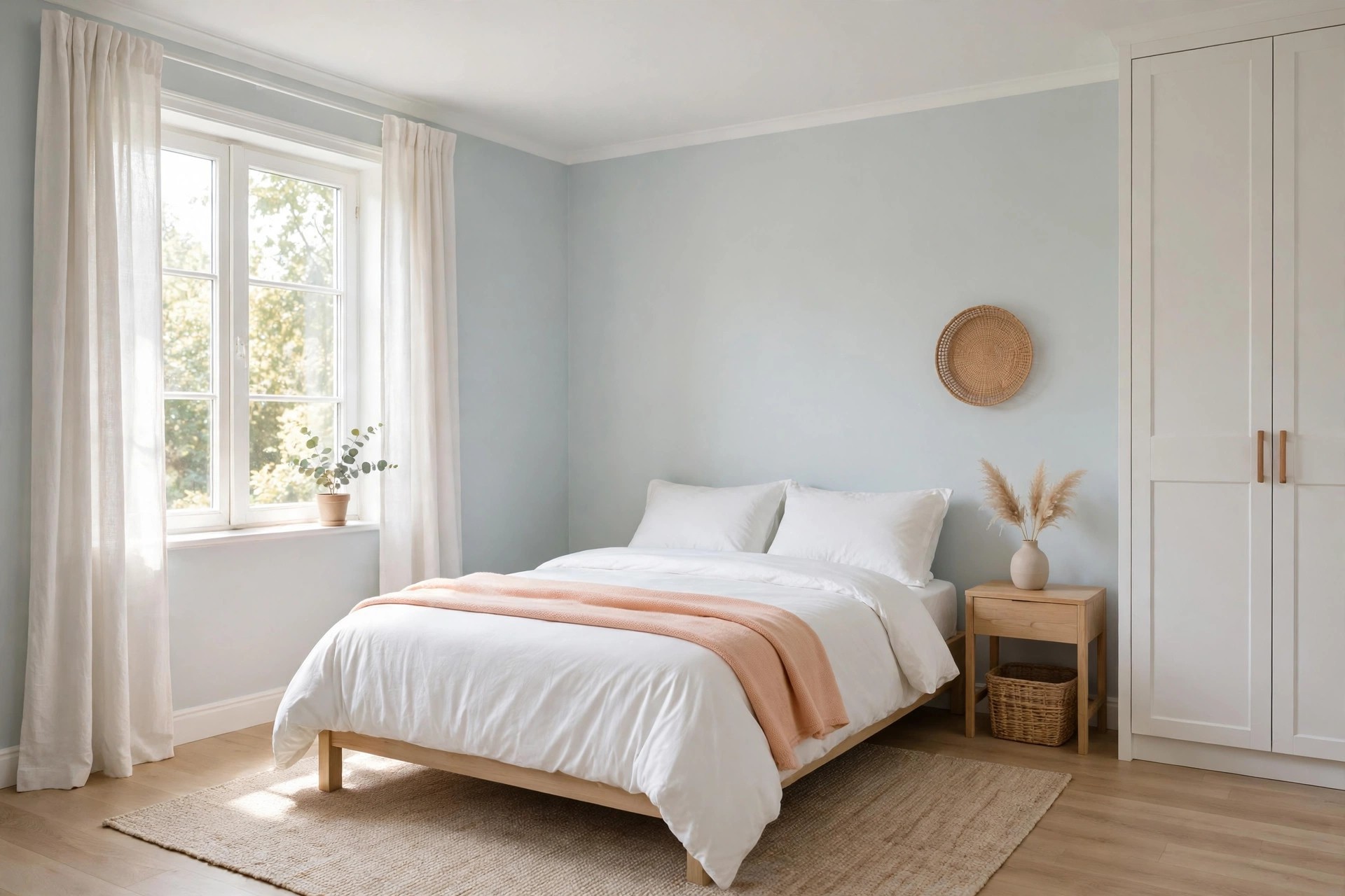 Kids bedroom with walls in the palest blue gray, a white ceiling, white bedding and one peach throw in morning light