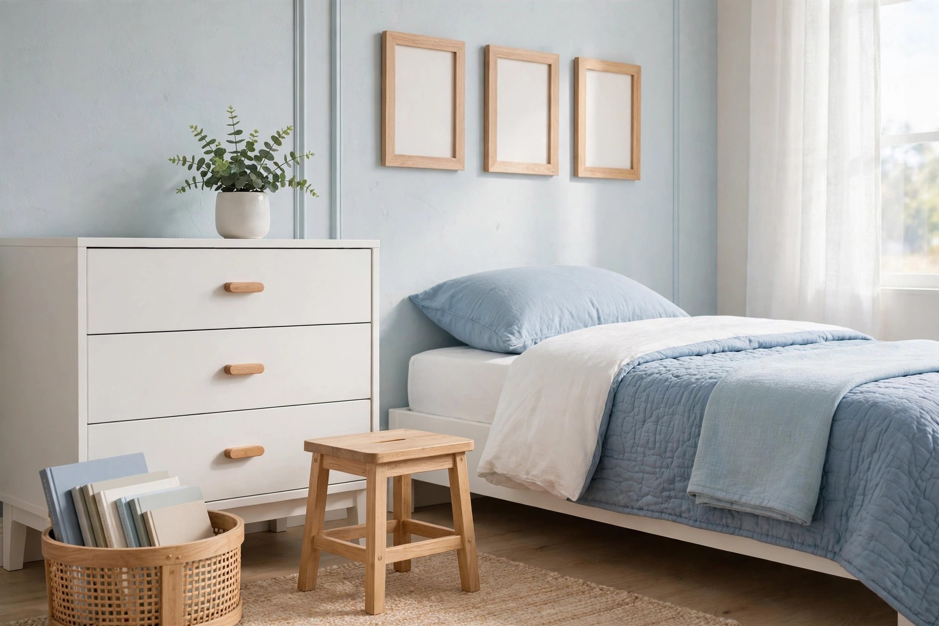 Pastel kids bedroom corner with a natural wood book basket, a small wood stool and light oak picture frames beside a white dresser