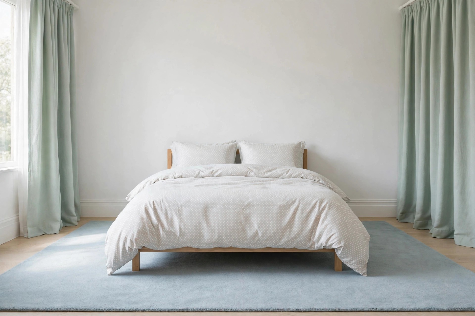 Calm kids bed with a small white dot pattern duvet as the only pattern, solid mint curtains and a plain blue rug around it