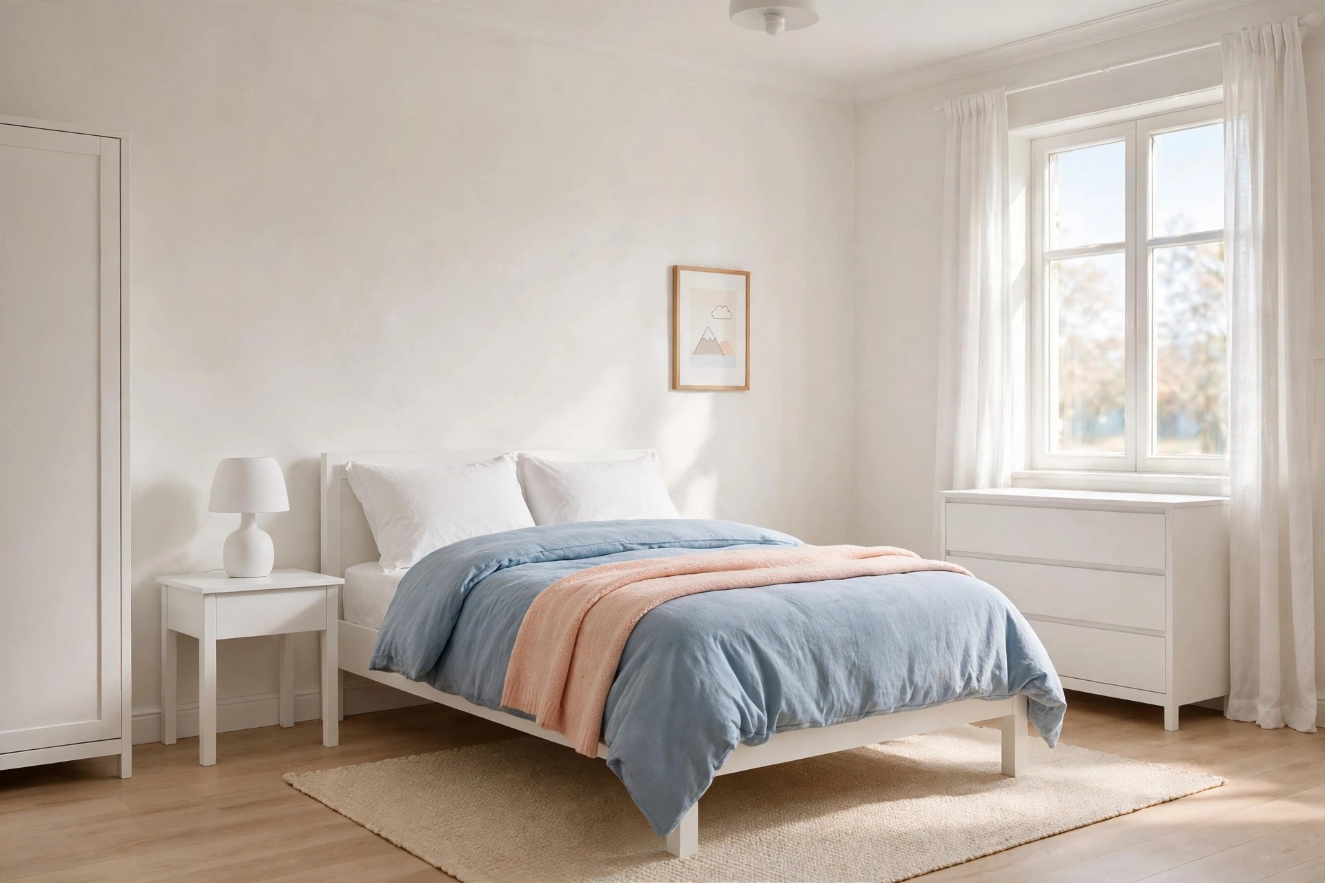 Kids bedroom with warm white walls where the color sits in the bedding, a soft blue duvet and pale peach throw on a white bed