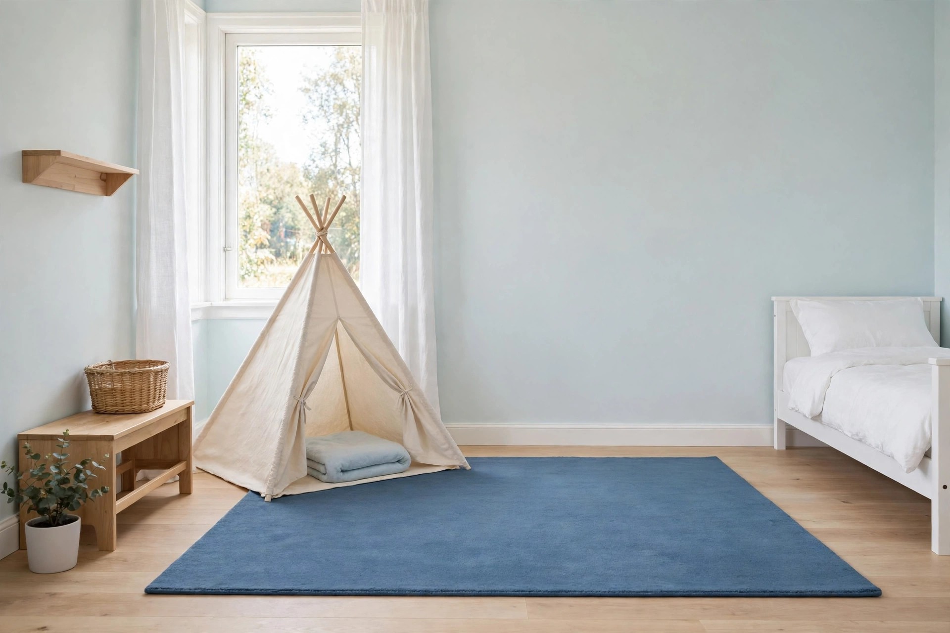Pastel kids bedroom play area with a plain rug one shade deeper blue than the pale walls and a small play tent on the wood floor