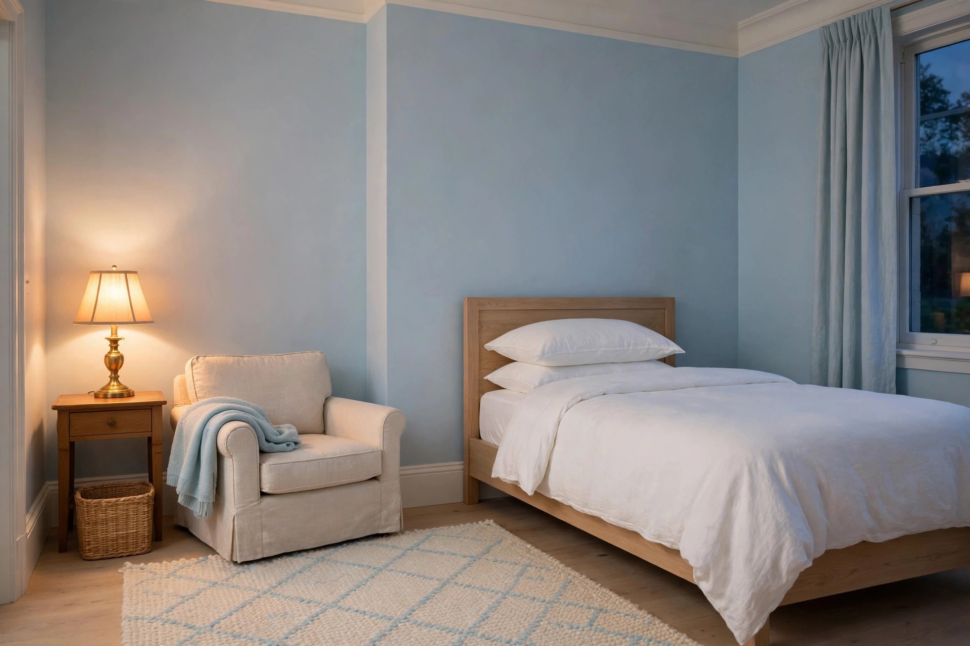 Pastel kids bedroom in the evening with a warm lamp glowing by an armchair, soft blue walls and a bed with white bedding
