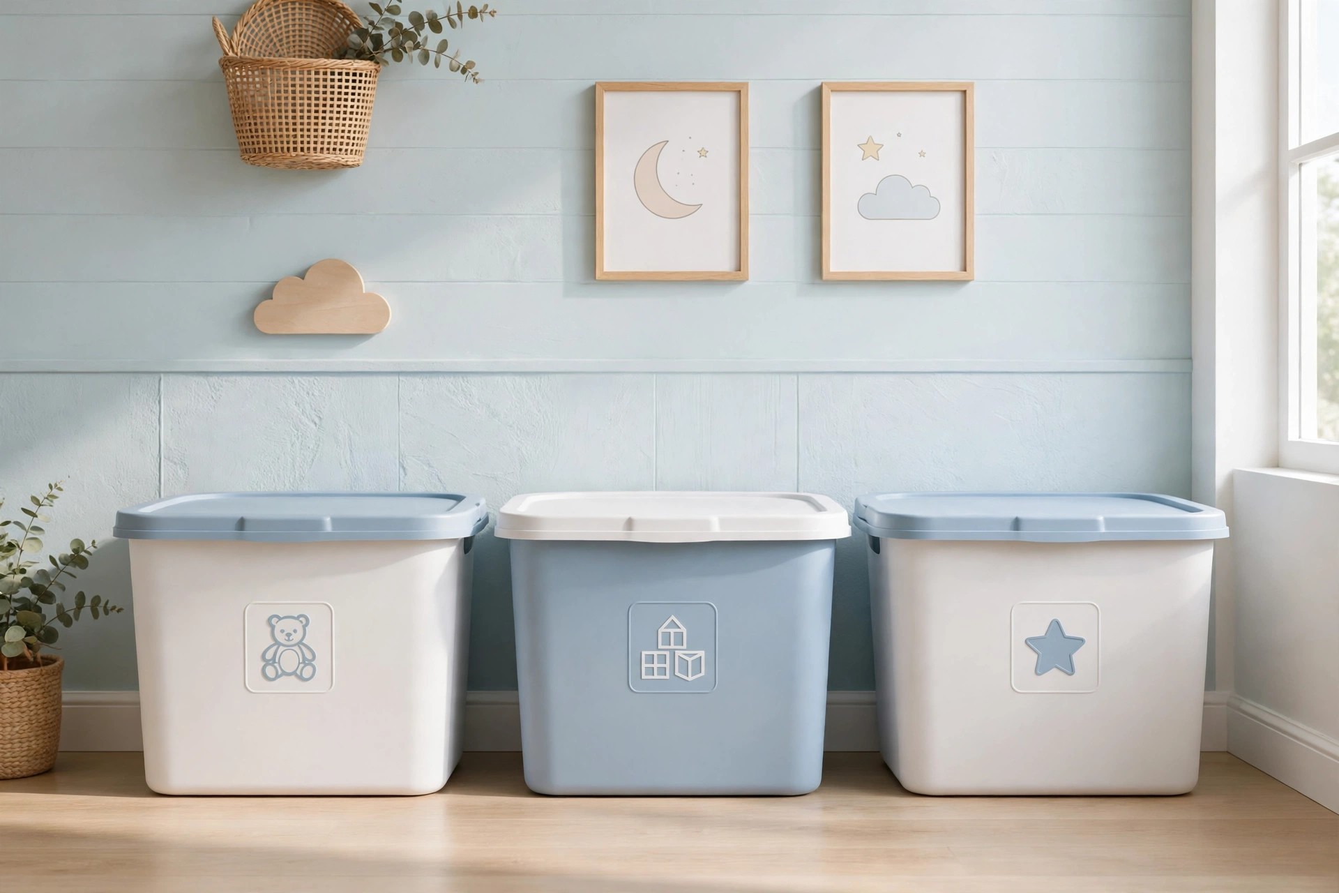 Three large closed storage bins in white and soft blue with simple picture labels under framed moon and cloud prints on a pale wall