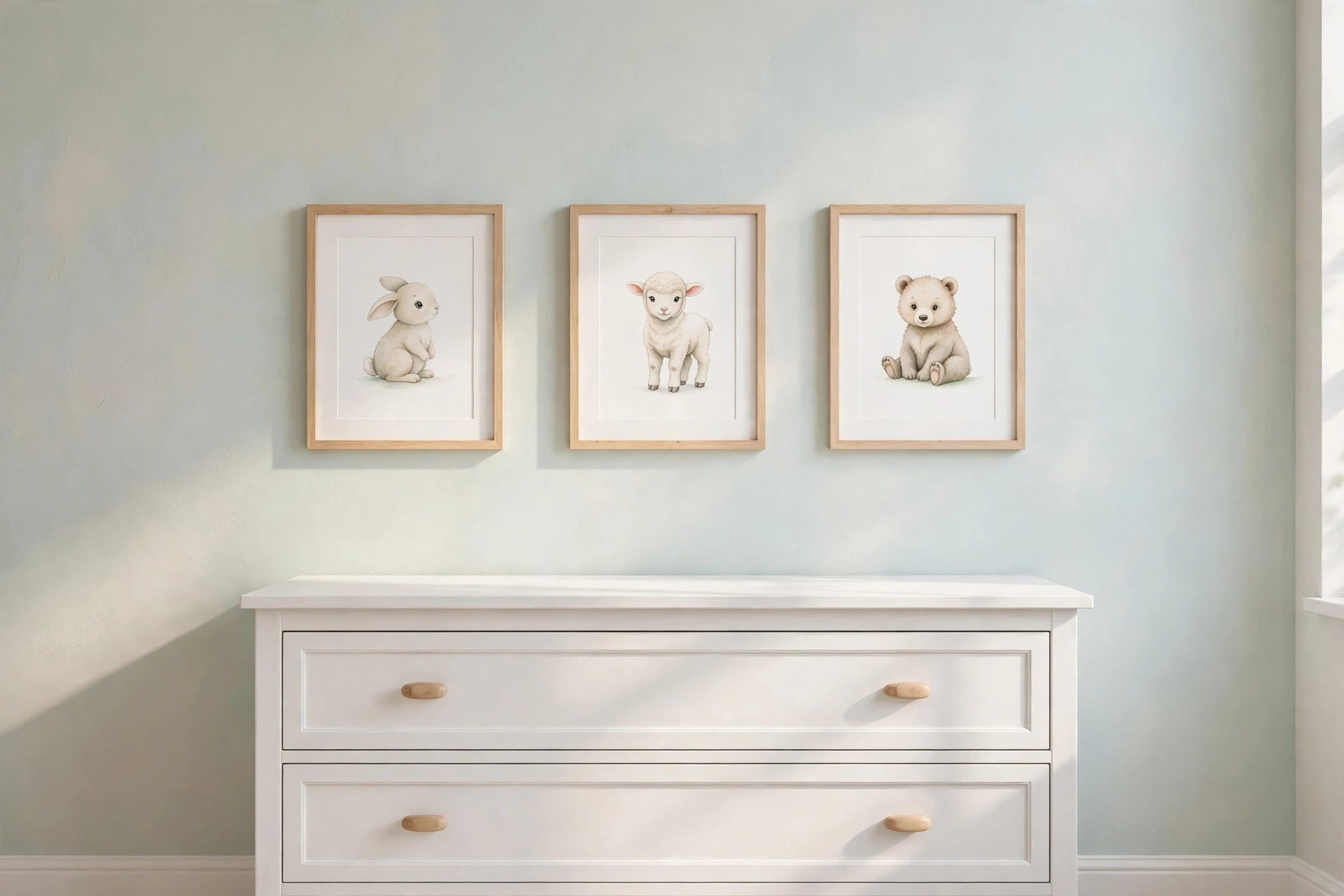 Three simple framed animal prints, a rabbit, a lamb and a bear, with wide white space, in a row above a white dresser