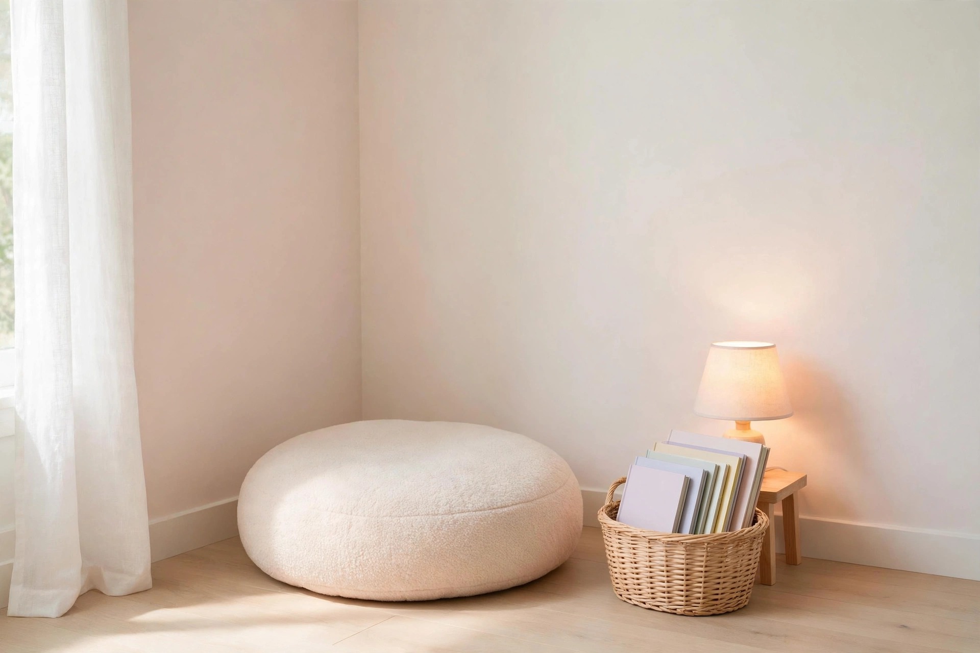 Palest corner of a pastel kids bedroom as a reading corner with a large round cream floor cushion, a woven basket of picture books with blank covers and a small warm lamp on a wooden stool