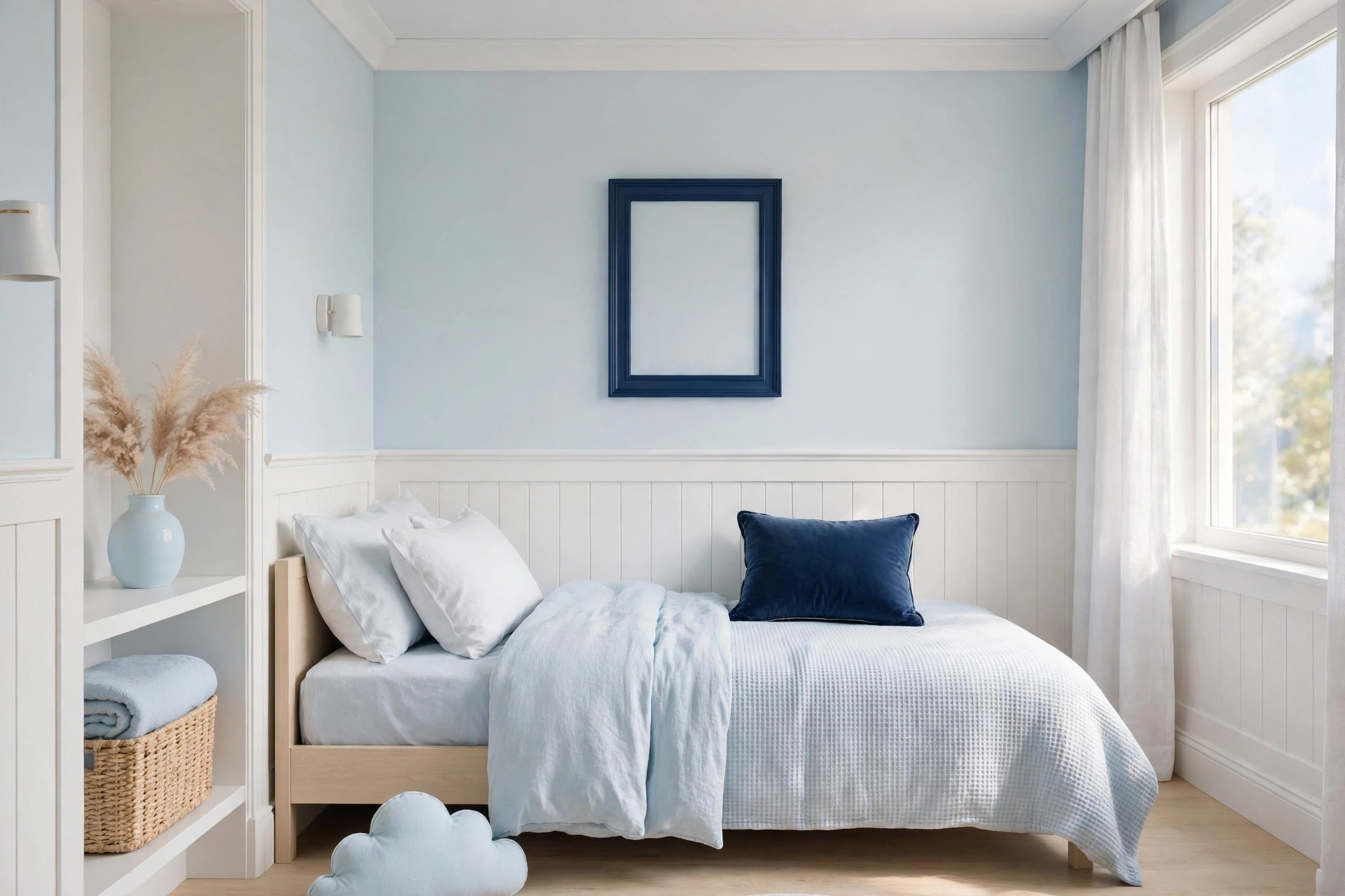 All pastel kids bedroom with one deep navy cushion on the bed and one navy picture frame as the only dark accents