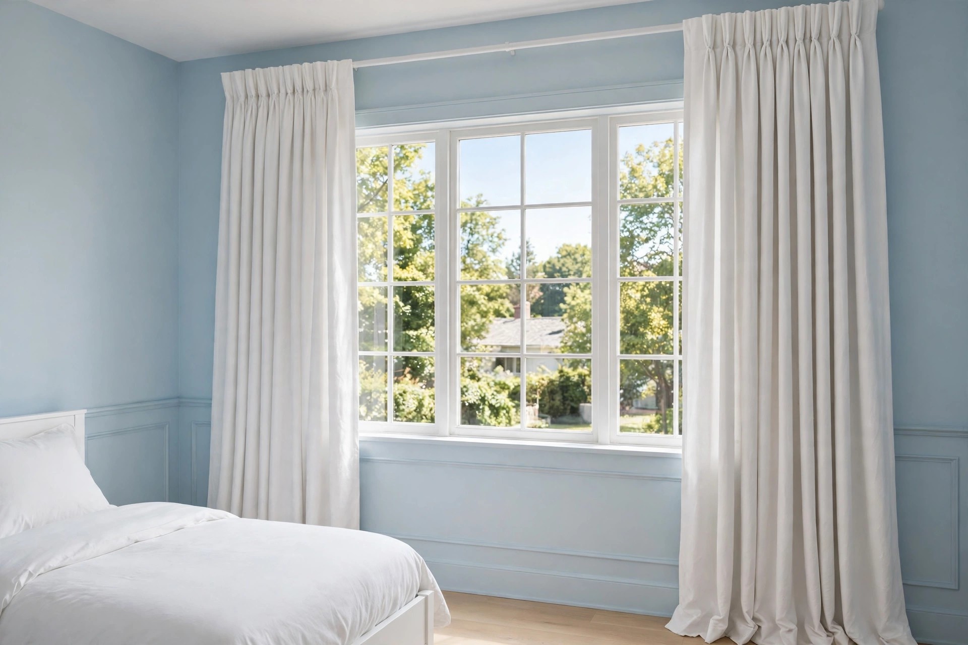 Pastel kids bedroom window with plain white blackout curtains hung high and wide, fully open to daylight over pale blue walls