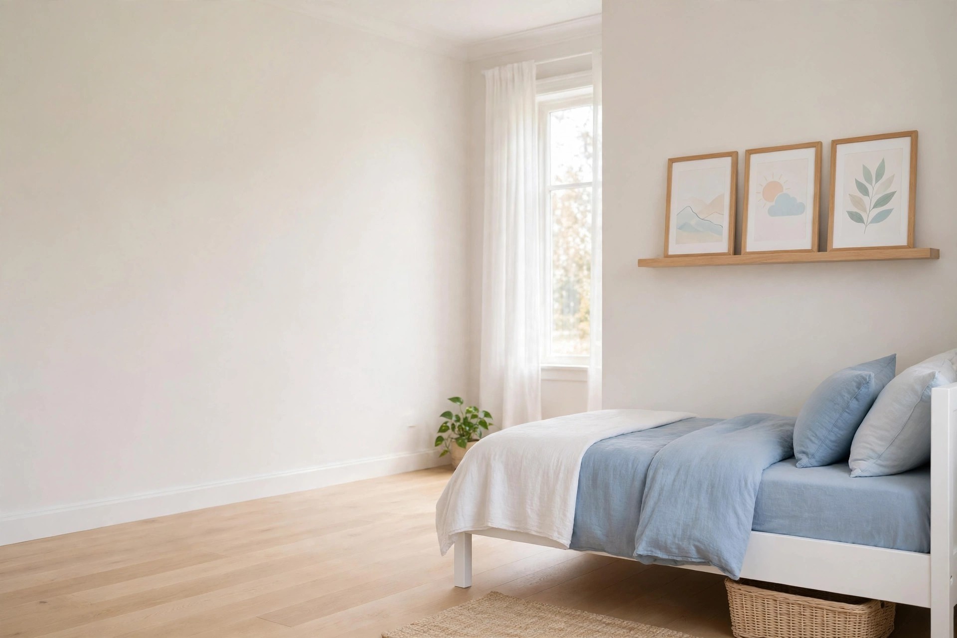 Calm pastel kids bedroom with one completely empty pale wall and framed prints on a wood shelf above the bed on the opposite wall