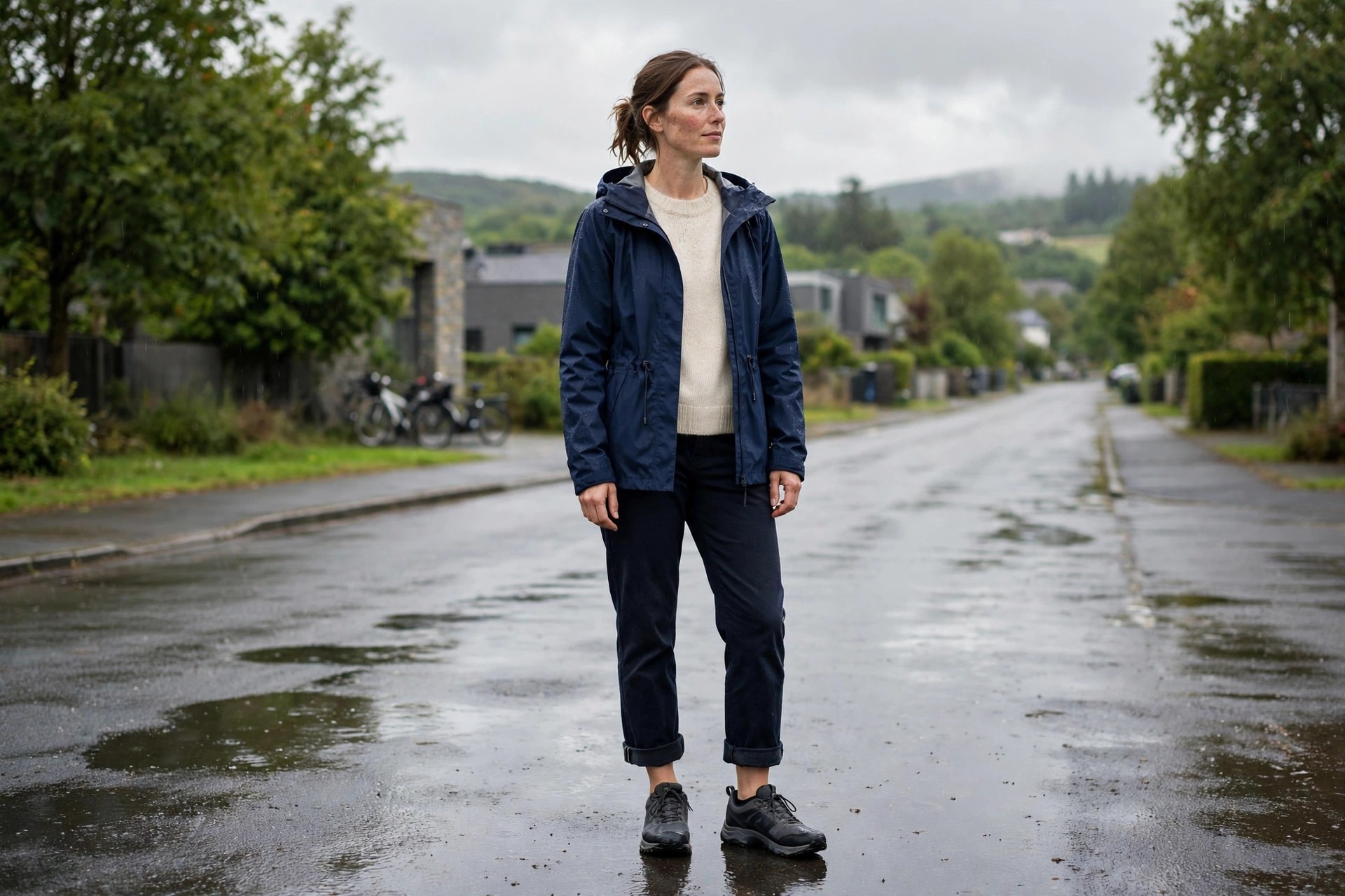 Woman wearing a navy waterproof shell jacket over a cream sweater with dark rolled hem pants and waterproof sneakers on a wet road