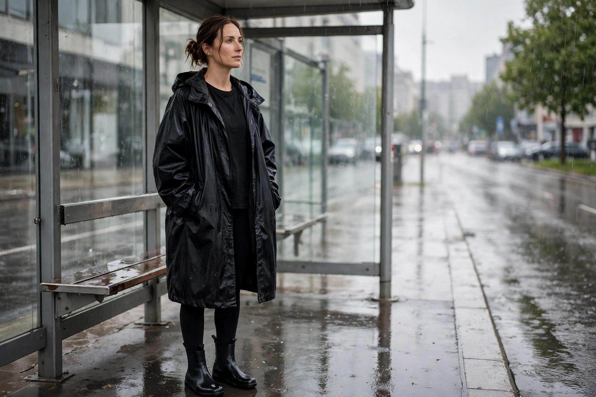 Woman wearing an oversized black rain coat over a black tee with black leggings and Chelsea rain boots at a wet bus stop