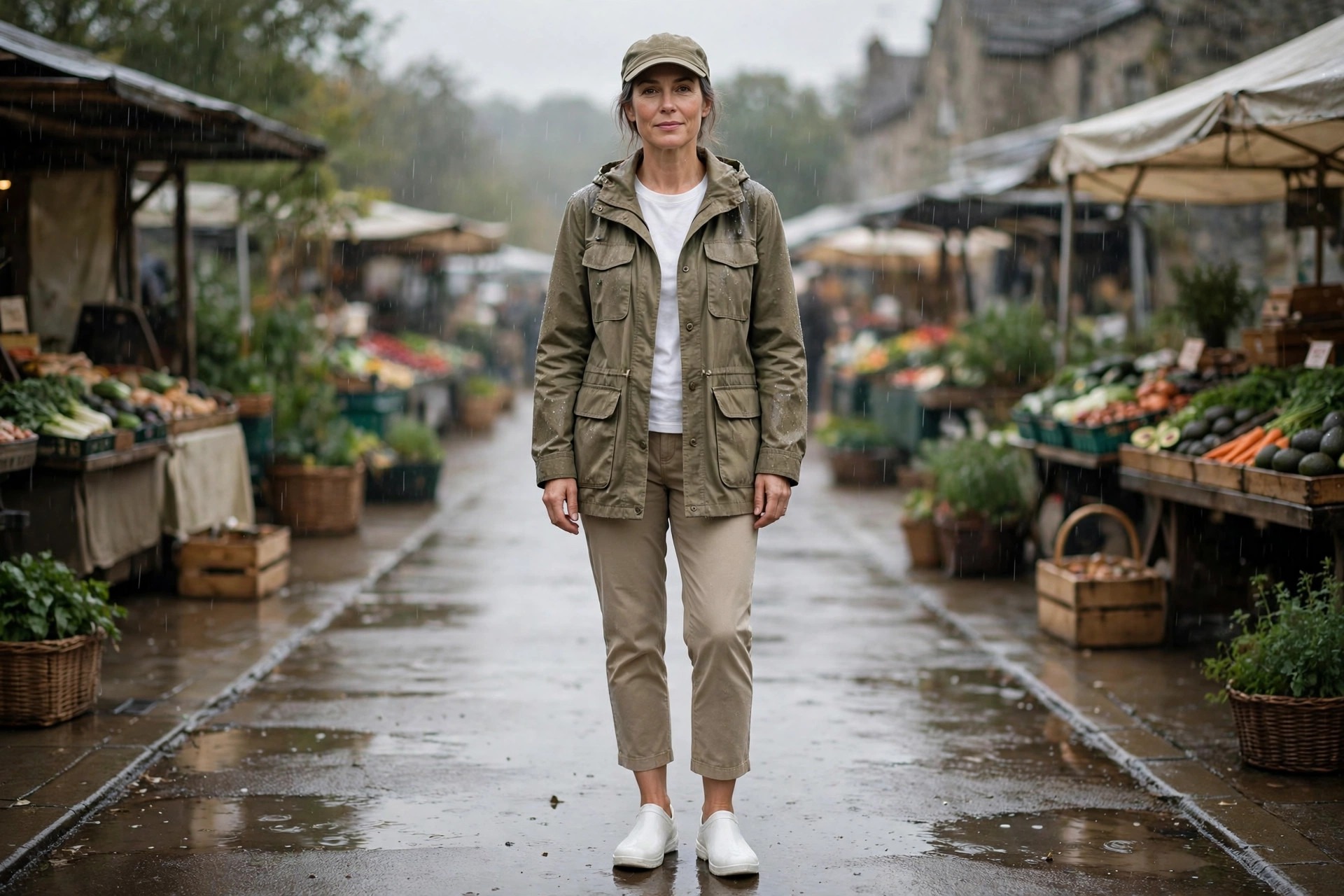 Woman wearing a khaki utility rain jacket with a white tee, cropped chinos, white rain sneakers and a cap at a wet outdoor market