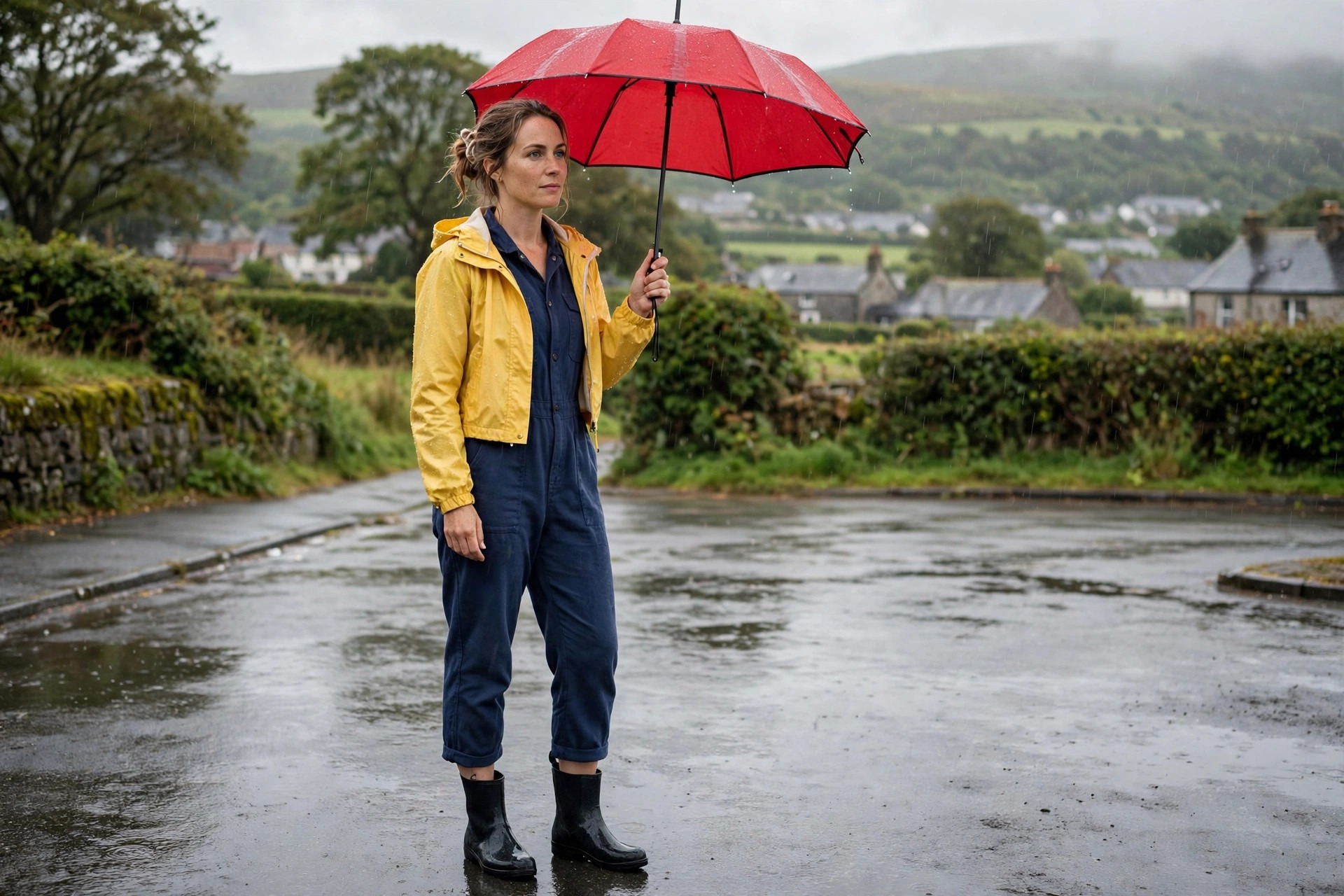 Woman wearing a navy jumpsuit with cropped legs, a cropped yellow rain jacket and black ankle rain boots under a red umbrella on a wet road