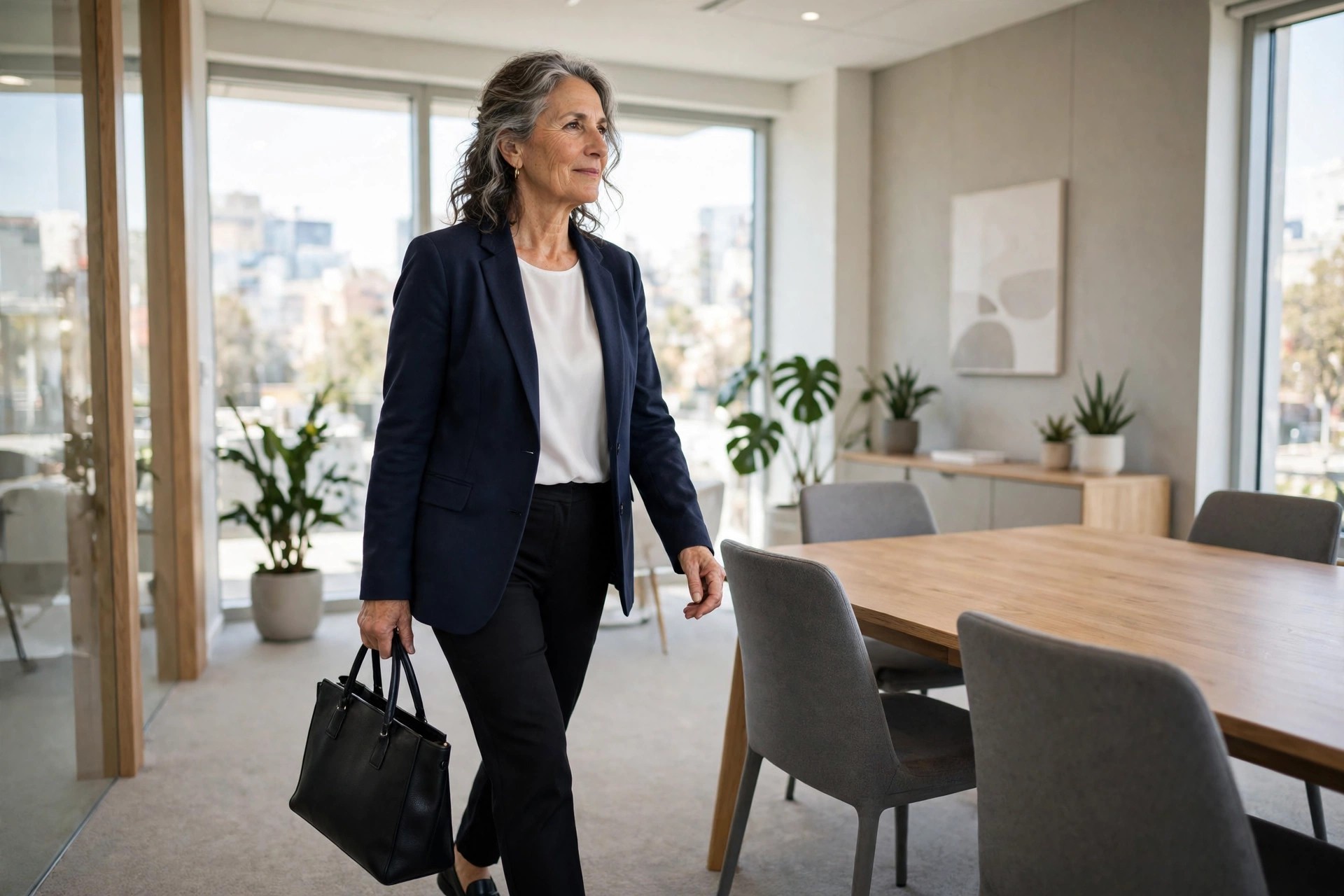 Woman over 50 in a navy blazer, white blouse and black trousers carrying a black tote in a meeting room