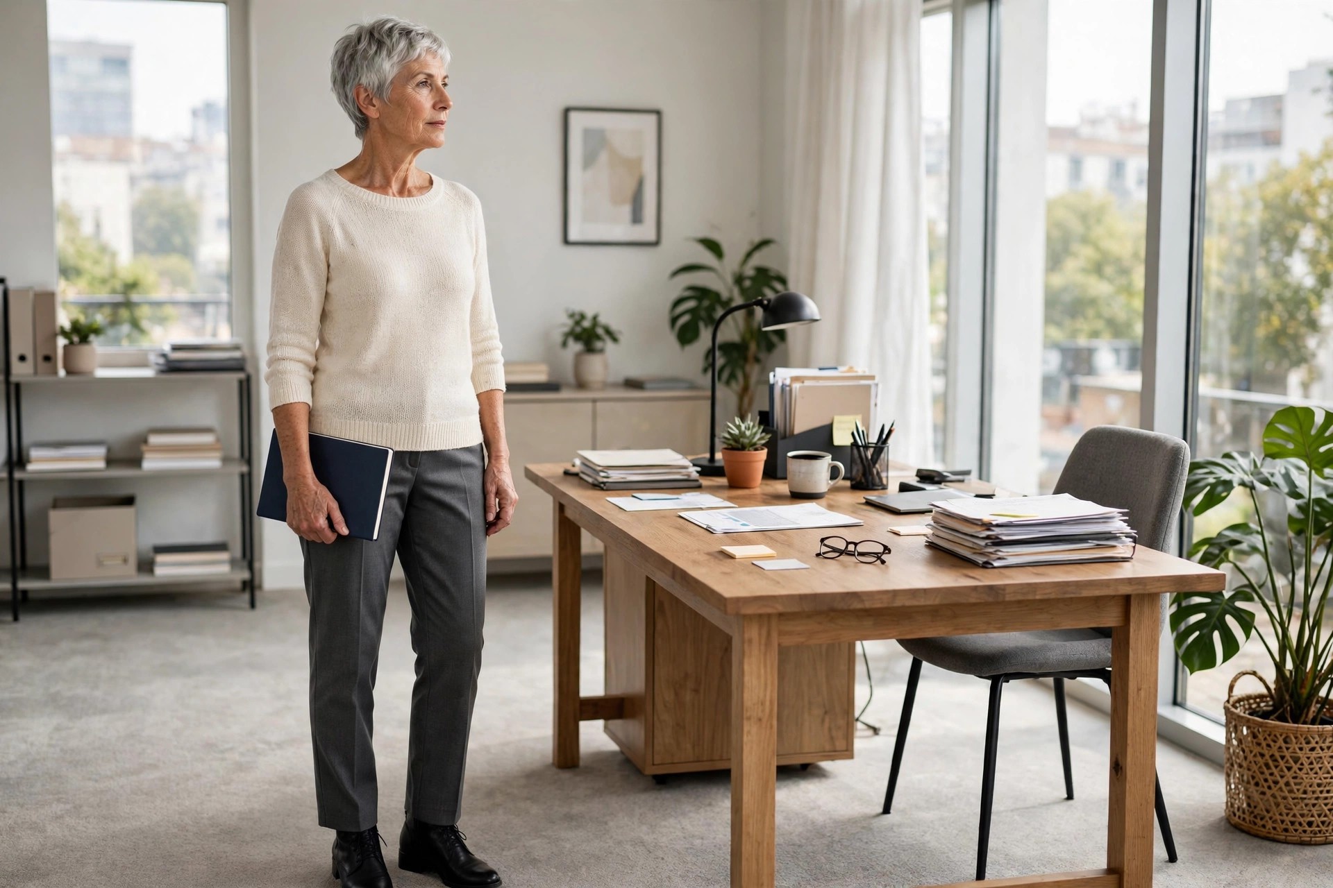 Woman over 50 with short silver hair in a cream knit sweater and charcoal trousers with black ankle boots standing by an office desk