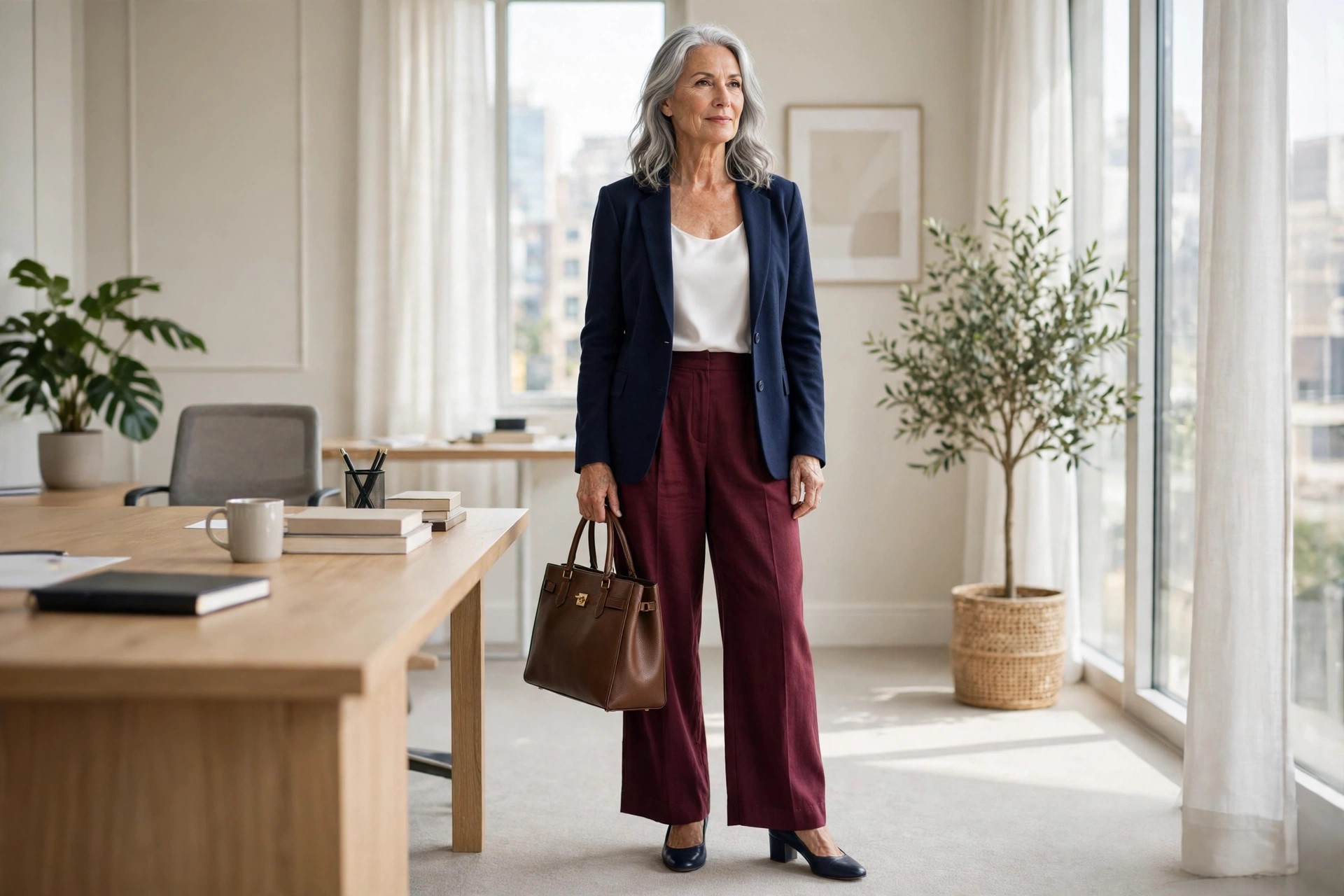 Woman over 50 in burgundy trousers, a white shell top and an open navy blazer holding a brown tote in an office