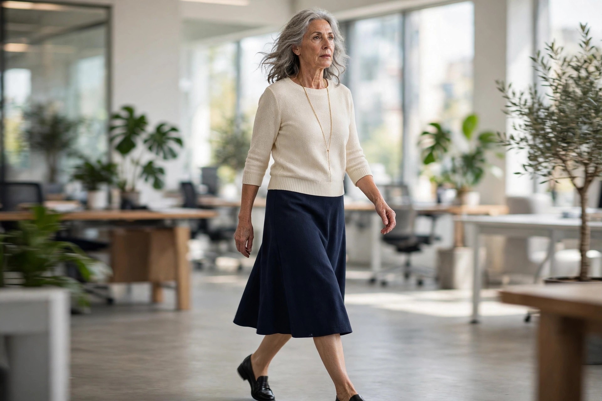 Woman over 50 in a cream knit sweater and navy midi skirt with a long necklace walking across an office