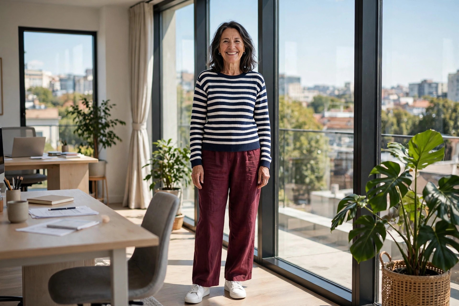 Woman over 50 in burgundy trousers and a navy and white striped top with white sneakers by office windows
