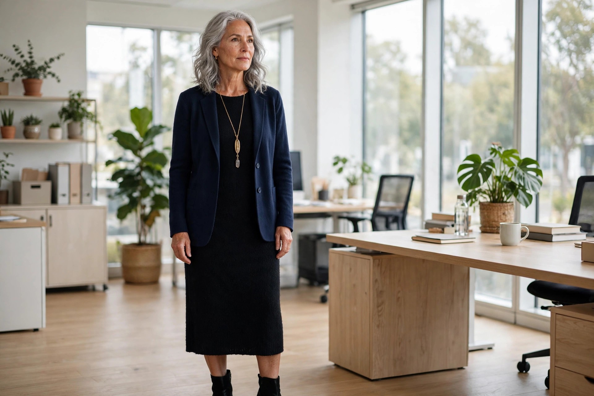 Woman over 50 in a black knit dress with an open navy blazer, a long necklace and ankle boots in an office