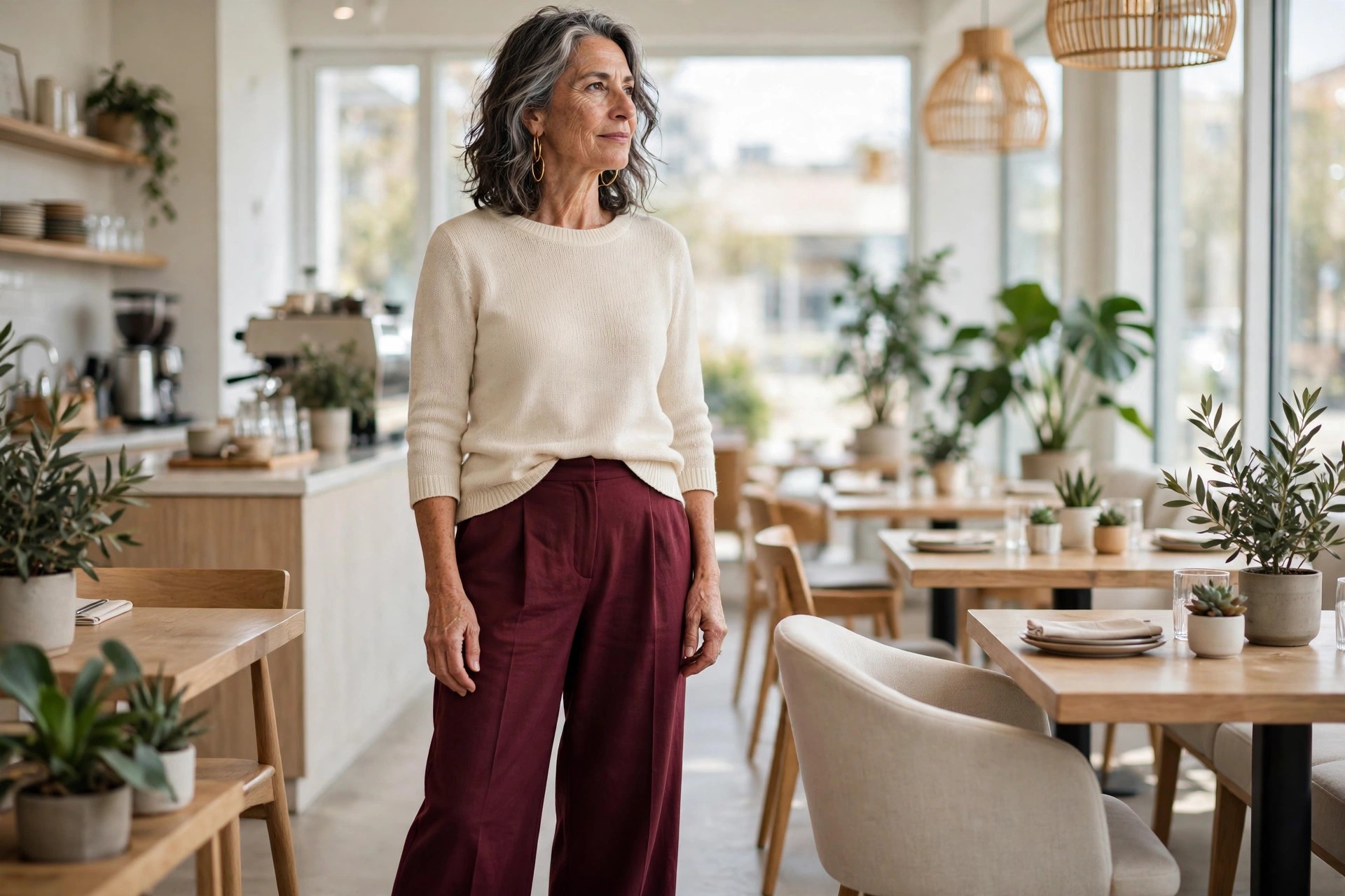 Woman over 50 in a cream knit sweater and burgundy wide-leg trousers standing in a bright cafe