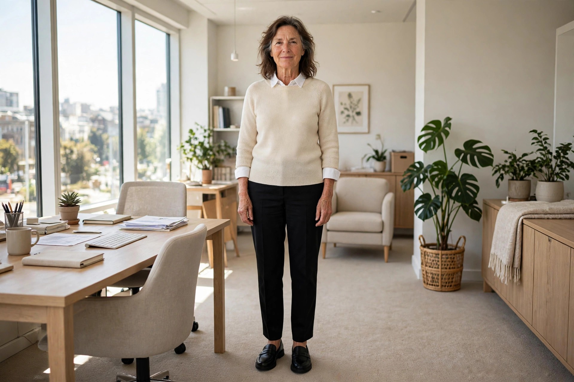Woman over 50 in a cream knit sweater over a white collared shirt with black trousers and loafers in an office