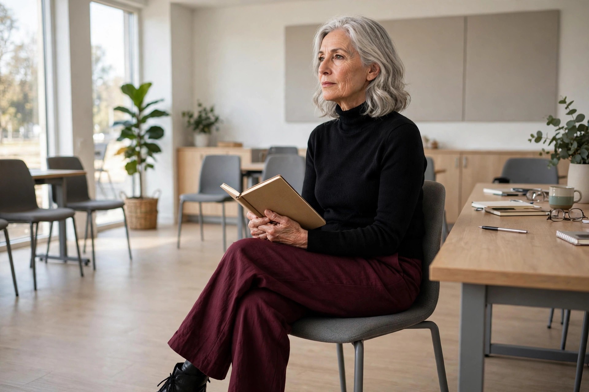 Woman over 50 with silver hair in a black turtleneck and burgundy trousers sitting with a notebook in a training room