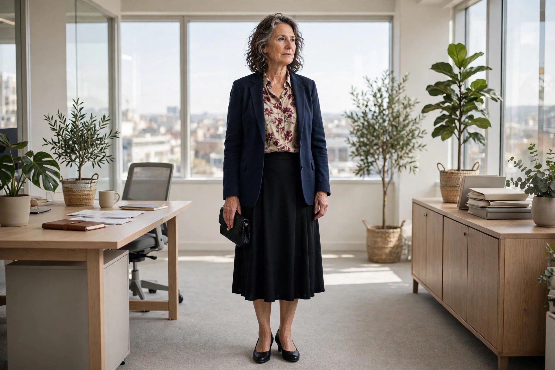 Woman over 50 in a floral blouse, black midi skirt and open navy blazer holding a clutch in an office