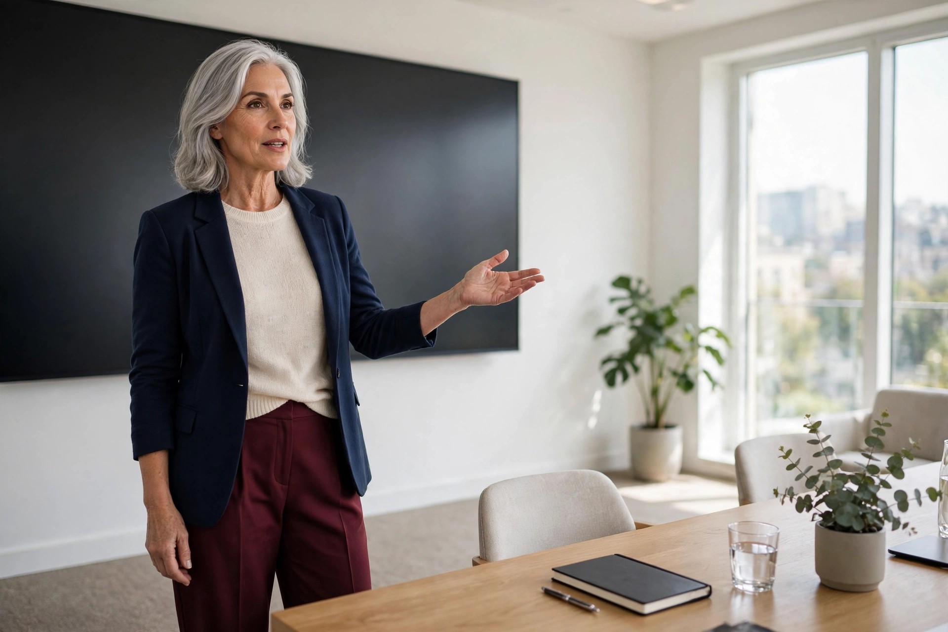Woman over 50 with silver hair presenting in a meeting room in burgundy trousers, a cream knit and an open navy blazer