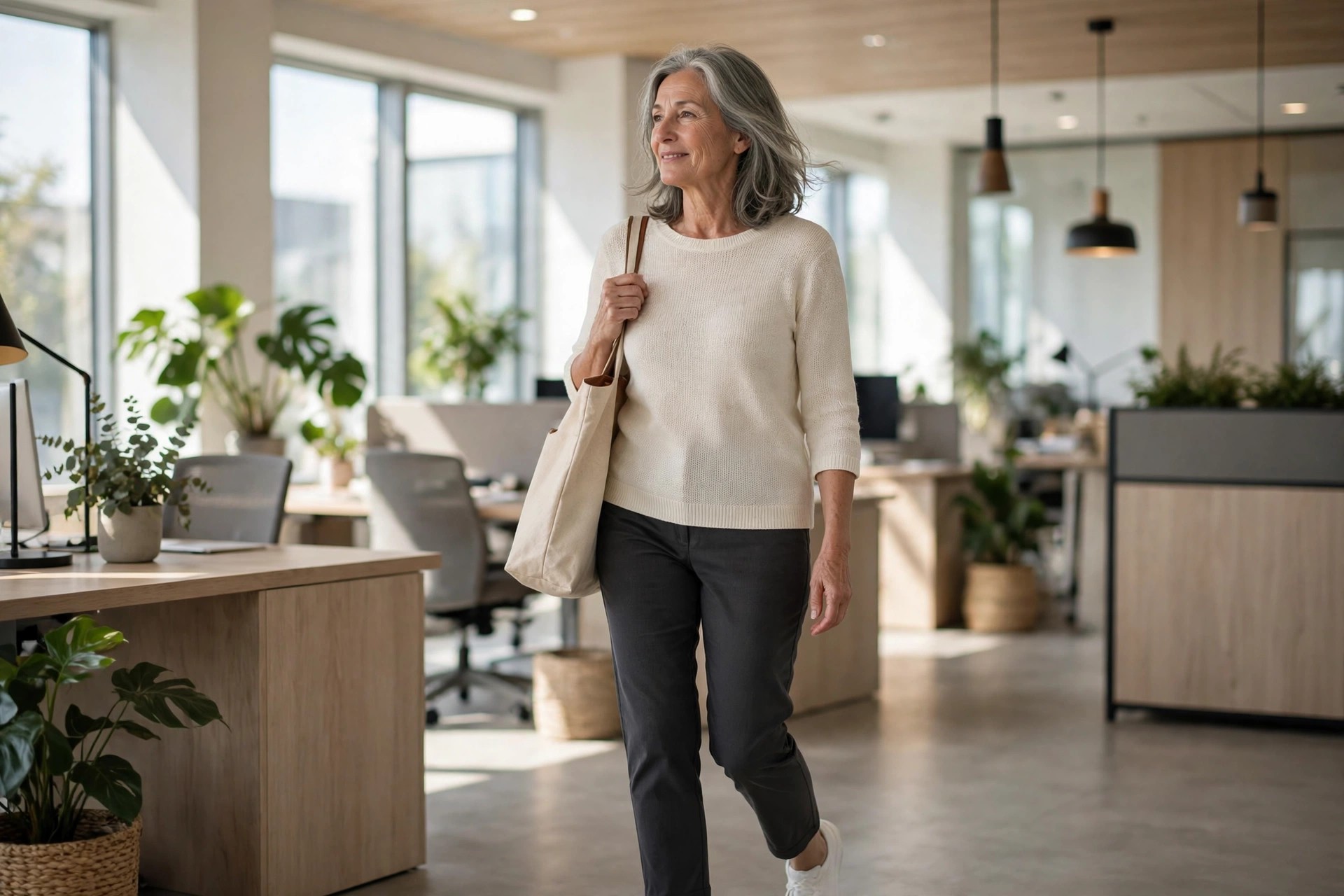 Woman over 50 in a cream knit sweater, dark trousers and white sneakers carrying a tote in an office