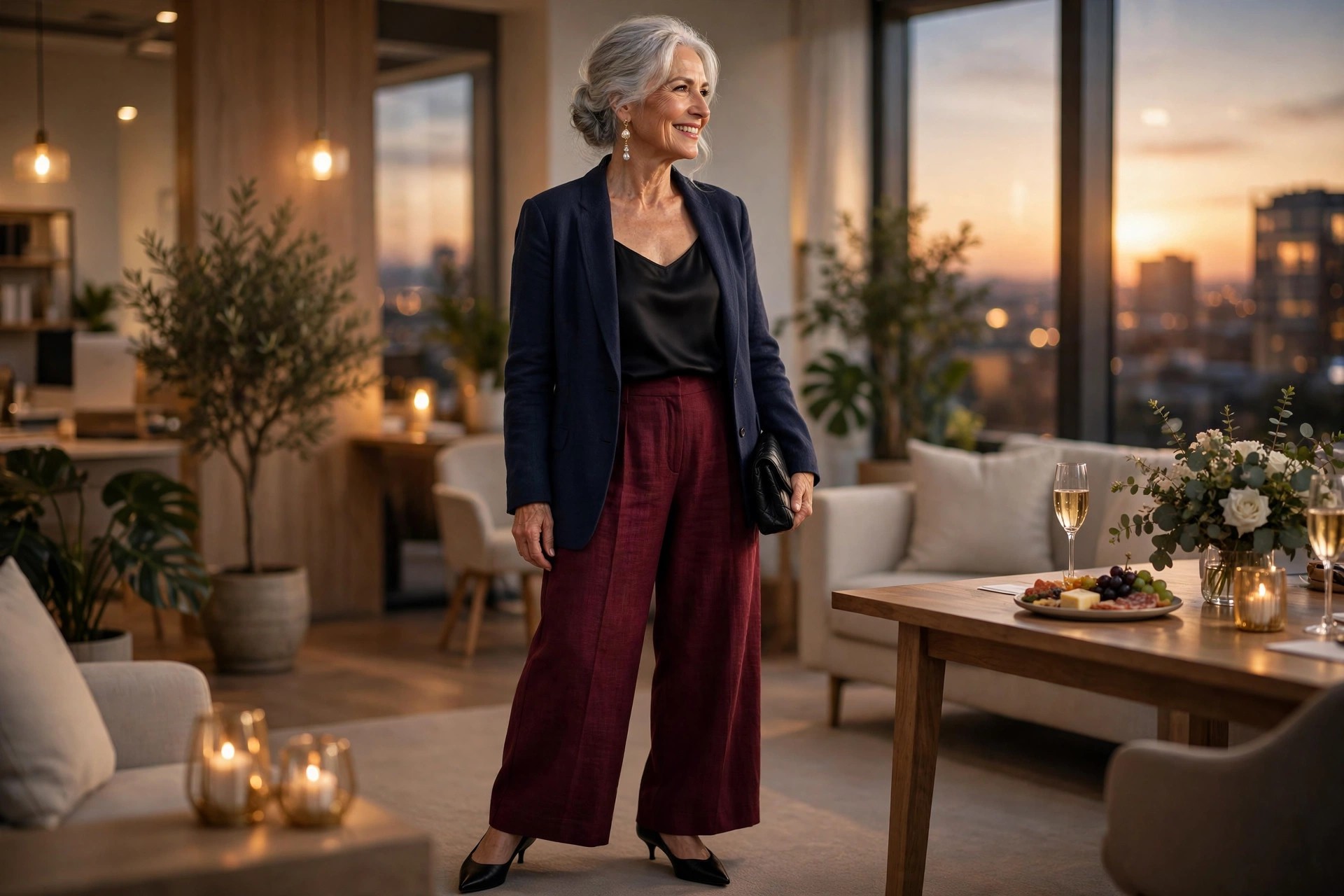 Woman over 50 in burgundy trousers, a black camisole and an open navy blazer at an evening office celebration