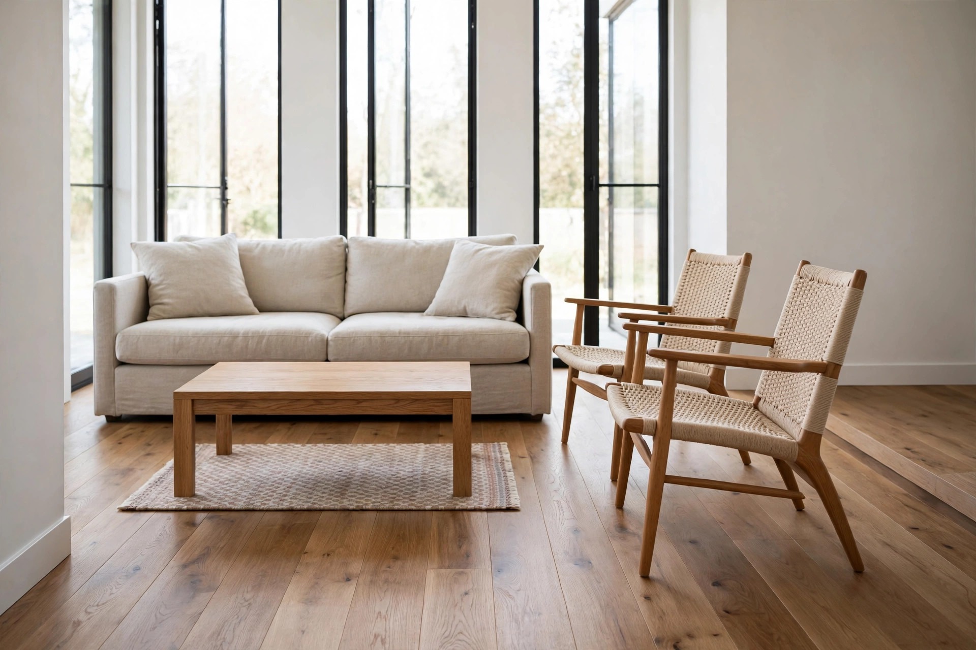 Small patterned rug only under a wood coffee table, with a beige sofa and woven chairs standing on bare wood floor