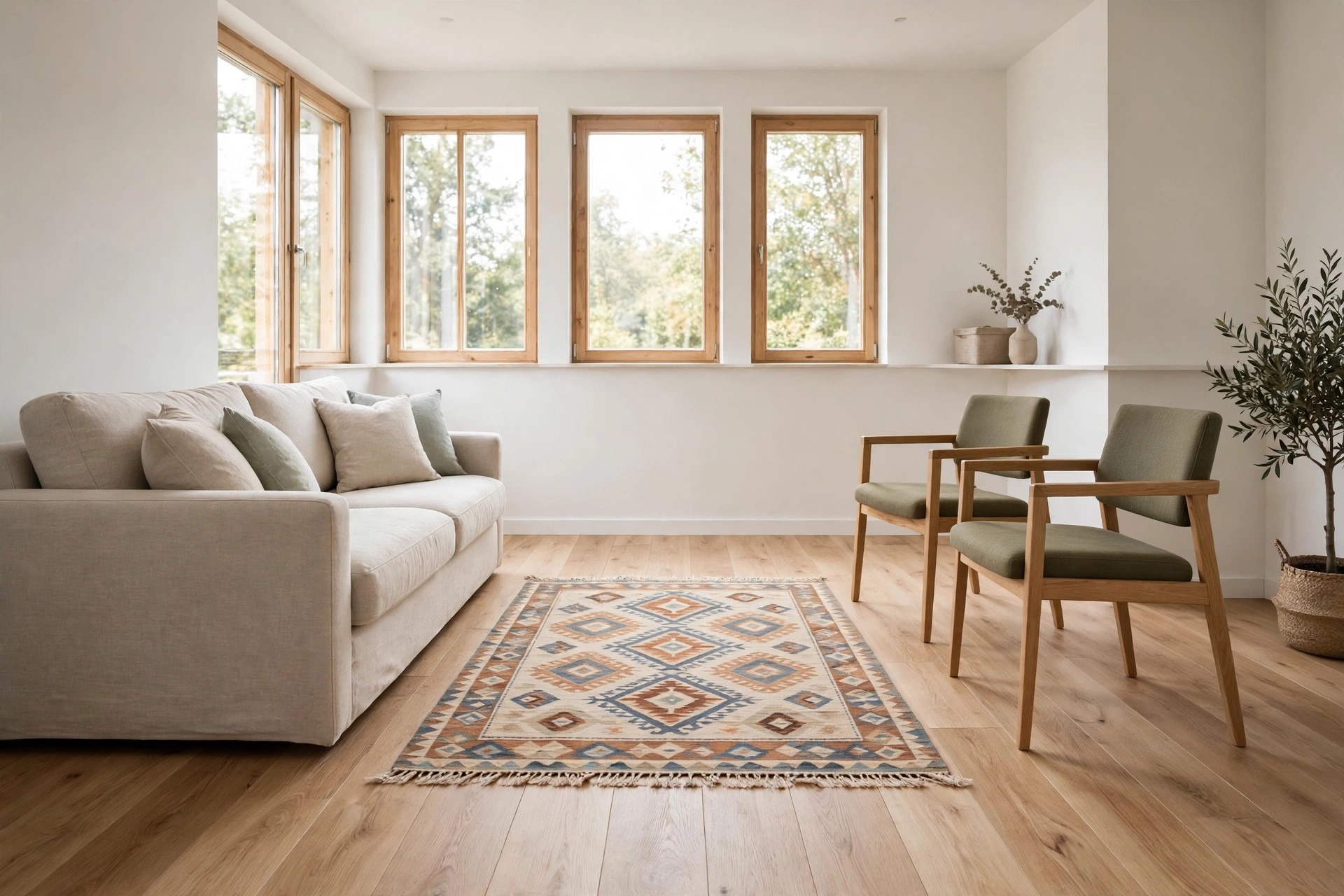 Flat patterned rug lying in the middle of a wood floor with no furniture legs on it, a beige sofa on one side and green chairs on the other
