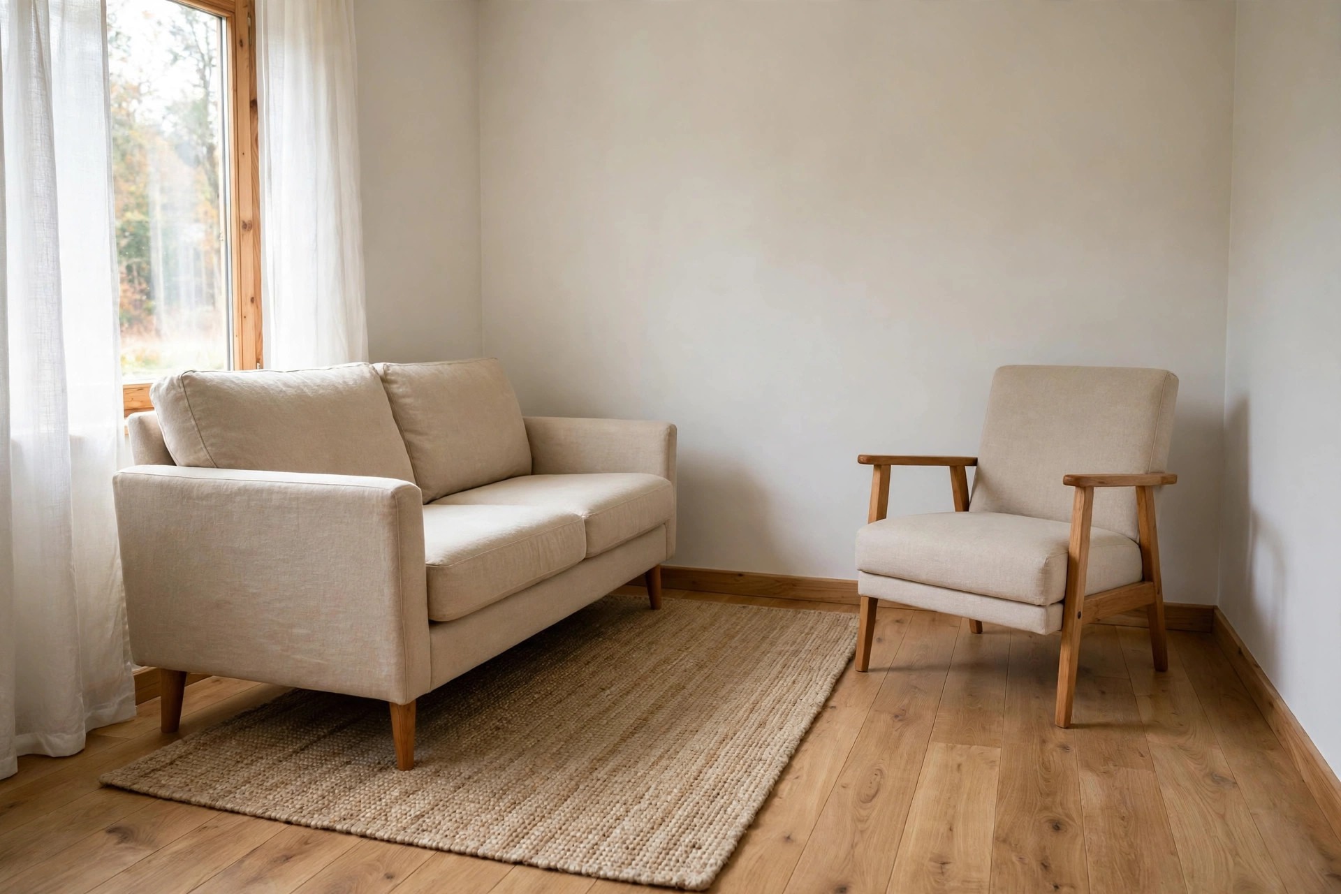 Beige sofa with front legs on a woven rug beside a beige armchair standing fully off the rug on wood floor